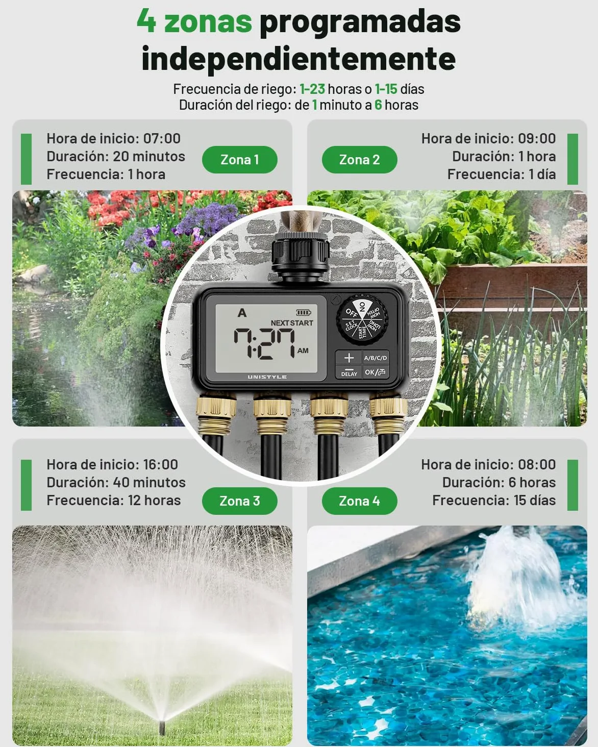 Unistyle Ordenador de riego de 4 salidas, reloj de riego automático, aspersor de césped, control de riego, sistema de riego para riego de jardín, temporizador de agua, riego de jardín