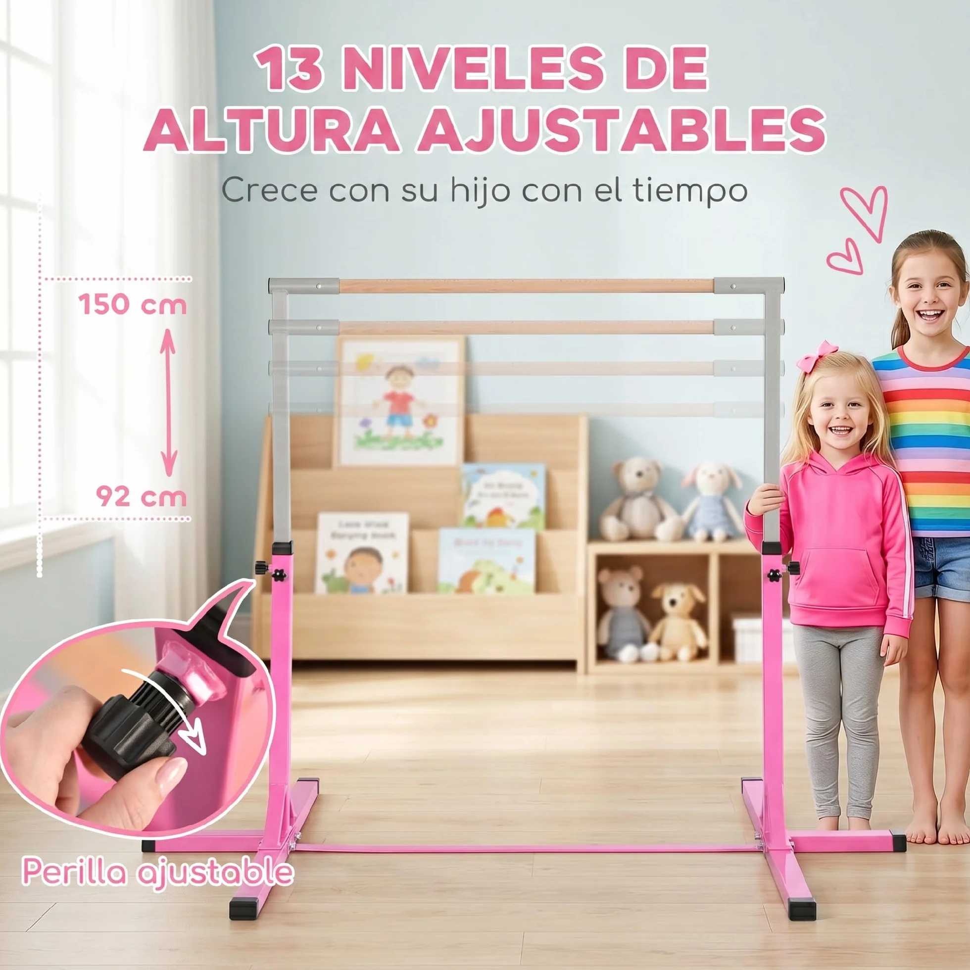 HOMCOM Barra de Gimnasia para Niños Altura Ajustable 92-150 cm Carga 75 kg 194x121x150 cm