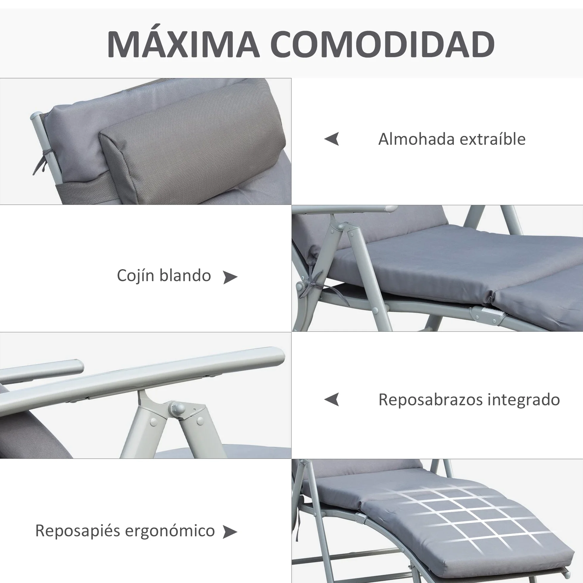 Outsunny Tumbona Plegable Tumbona de Jardín con Respaldo Ajustable en 7 Posiciones con Cojín Cuerpo Entero y Cabeza para Terraza Piscina Carga 165 kg 137x63,5x100,5 cm Gris