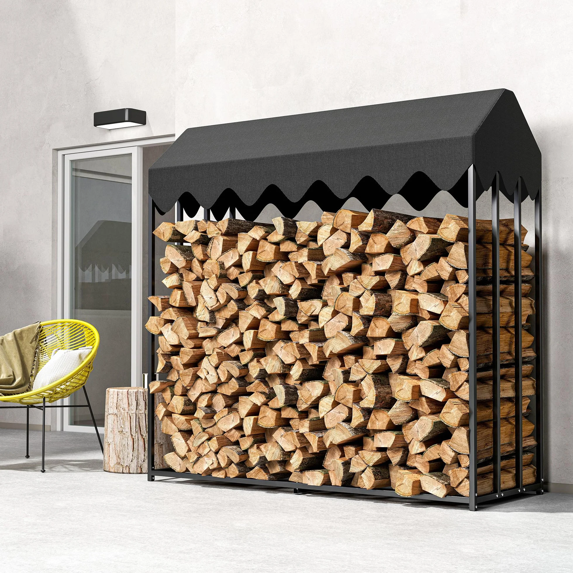 Outsunny Estante de Leña Metálico, 186x70x185 cm, Leñero Exterior con Cubierta Impermeable 600D Oxford, Marco de Acero, Soporte para Leña de Chimenea, para Jardín, Terraza