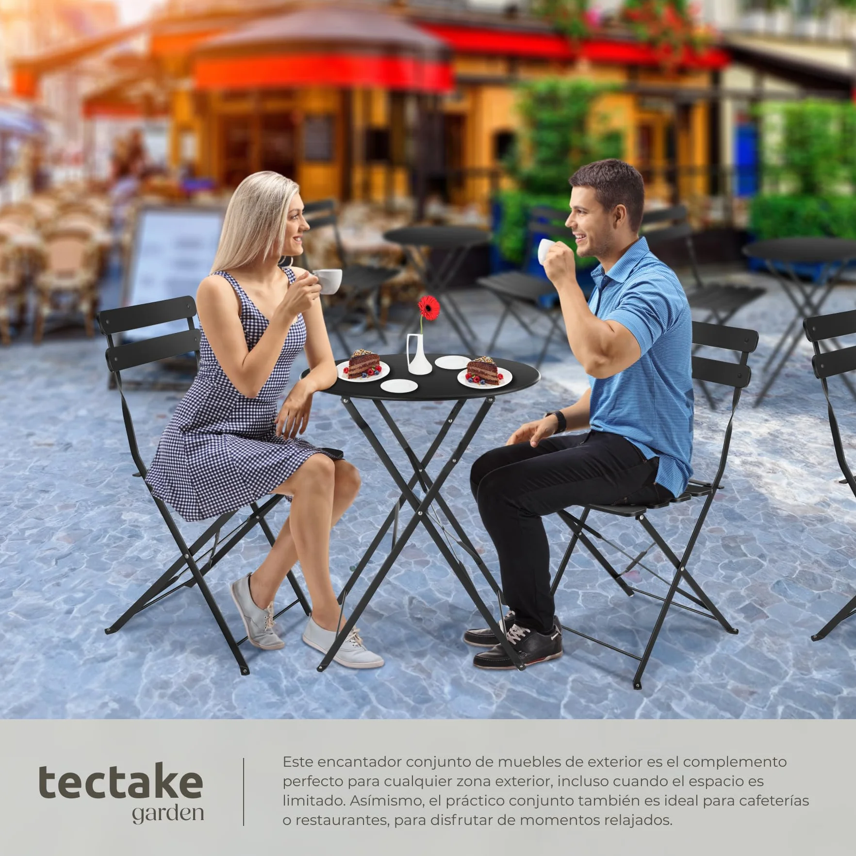 tectake® Conjunto Muebles Jardín Exterior de Mesa de Bistró y 2 Sillas, Plegables, Tapas Antideslizantes, Mesa y Sillas Terraza Estilo Retro con Estructura de Acero, Ideal Balcones Pequeños - Negro