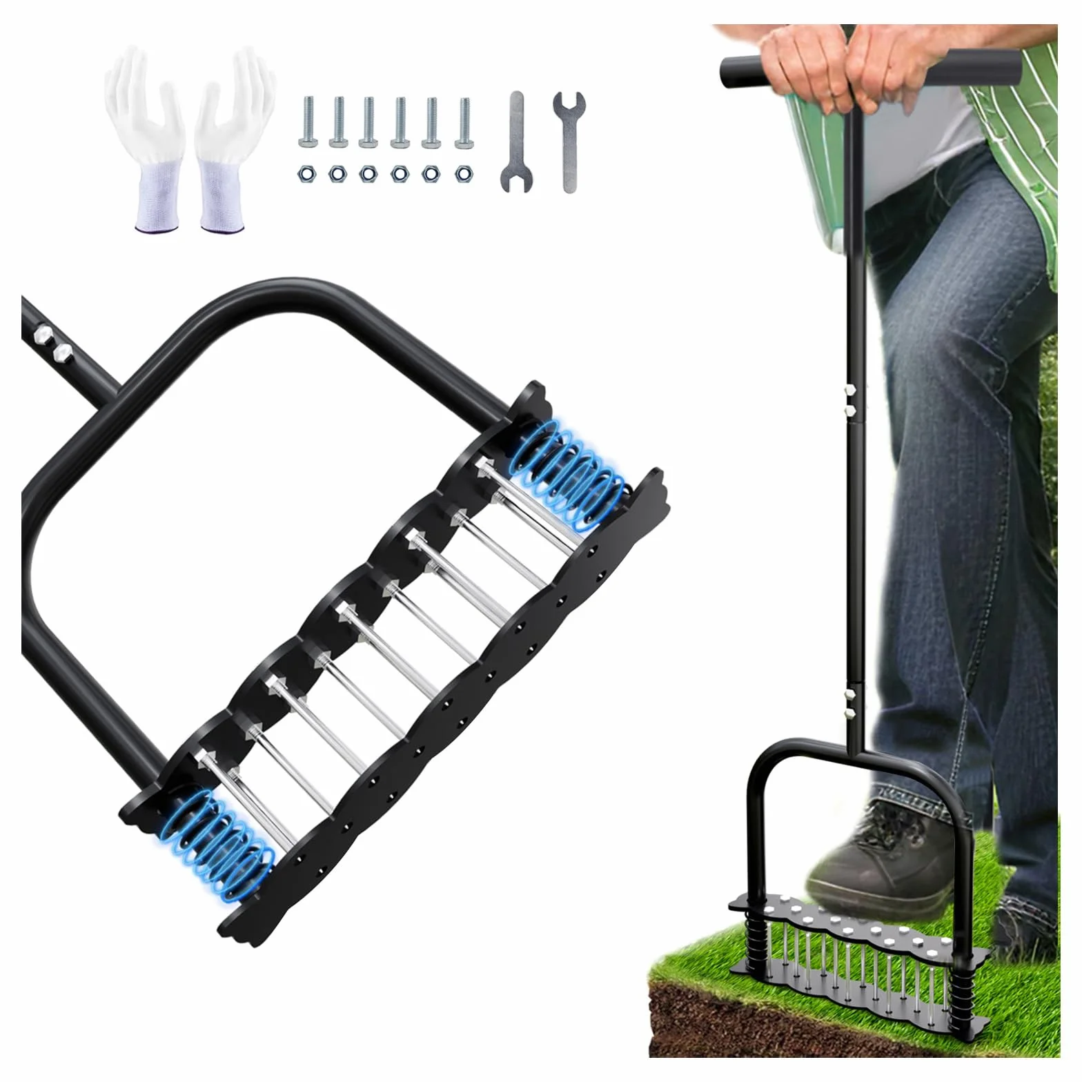 EPROICKS Aireador De Césped,Escarificador De Cesped,Escarificador Manual con 14 Púas, Capaz De Penetrar 6,8 Cm En El Suelo; Ideal para Jardines, Aireación De Césped y como Herramienta De Jardinería