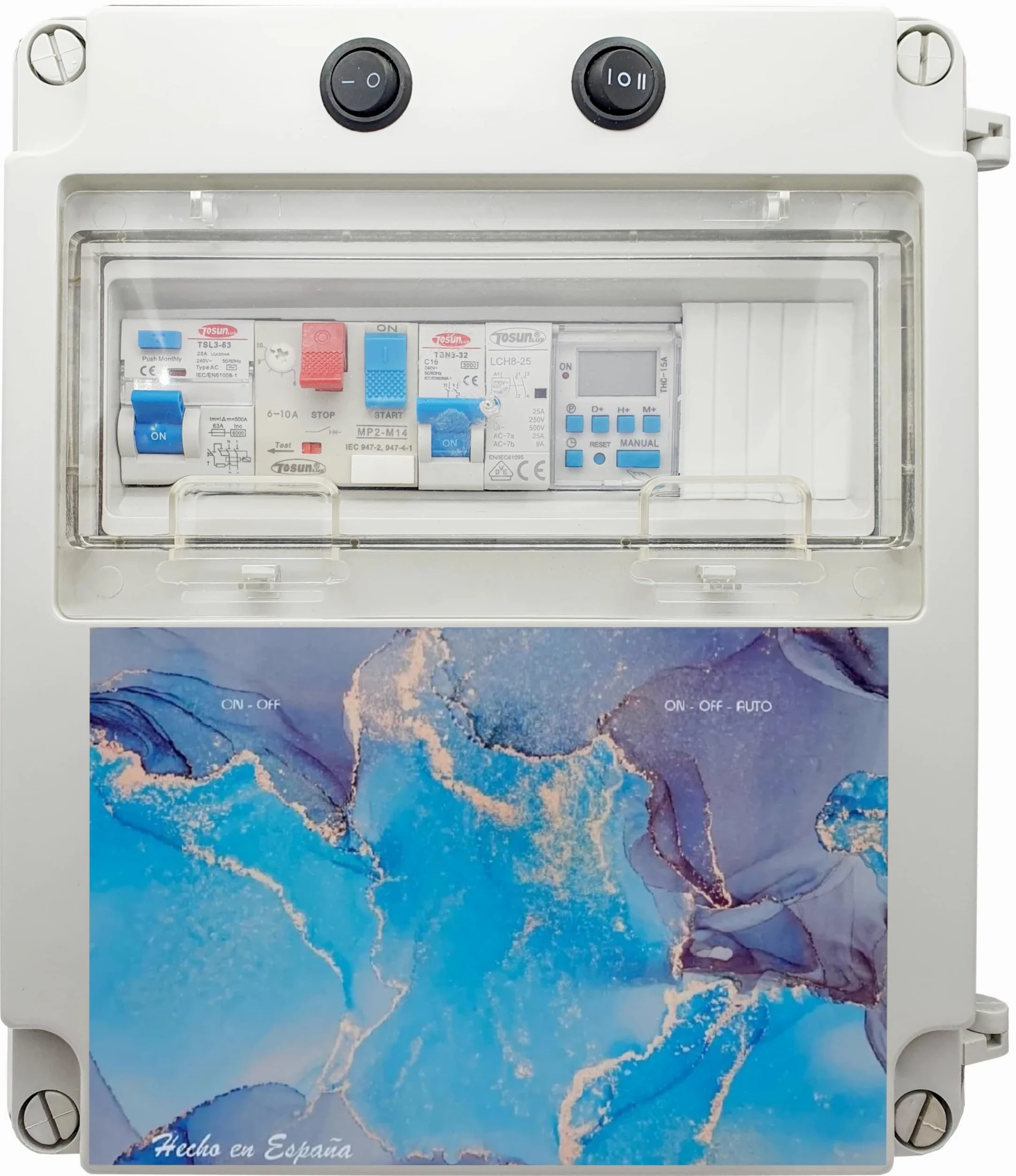 SWIMHOME Cuadro Eléctrico para Piscina Iluminación y Motor | Guardamotor y Transformador | Controlador WiFi RGB y Blanco | Contactor para Motor | 150W 12DC | Bomba de Agua 0,5CV 2,5-4A