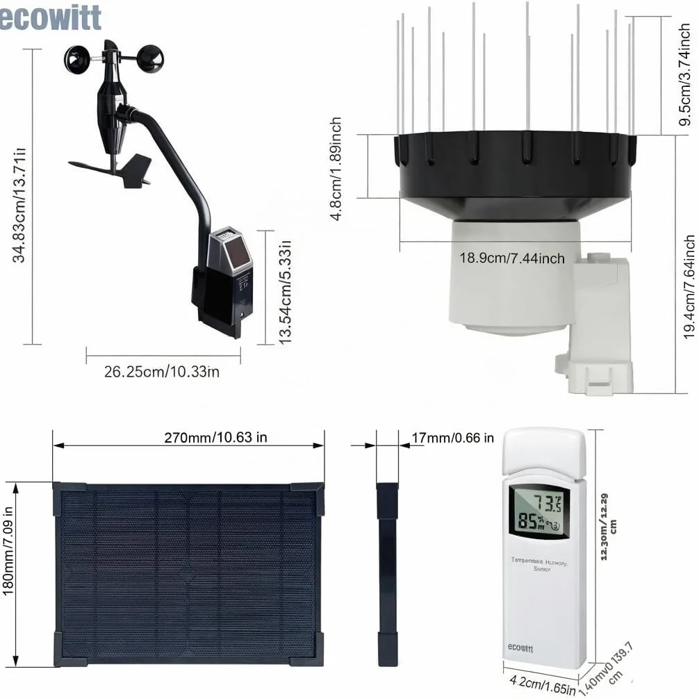 ECOWITT WS6212S Estación meteorológica doméstica, pasarela 4G y Wi-Fi WS6210S con panel solar, sensor exterior 4 en 1 WS68 + pluviómetro WH40H + medidor de temperatura y humedad WN32
