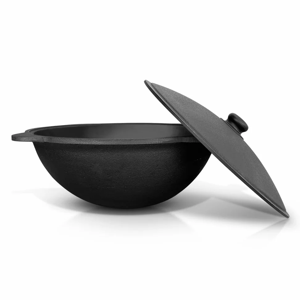 Kazan - Tapa de hierro fundido de 6 l de aluminio fundido de 33,5 cm de diámetro para Plov uzbeko de fondo plano WOK плов казан Kazan horno de fuego учак
