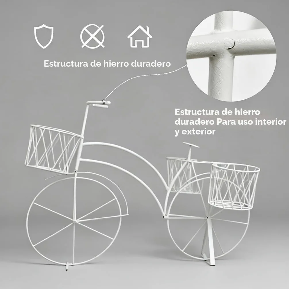 Maceteros Decorativos Interior, Macetas Decorativas Interior, Soporte Plantas Interior, Estanteria Plantas, Decoracion Hogar Vintage, Soporte Para Macetas Hierro - Bicicleta Blanca 3 Cestas 75x40x53cm
