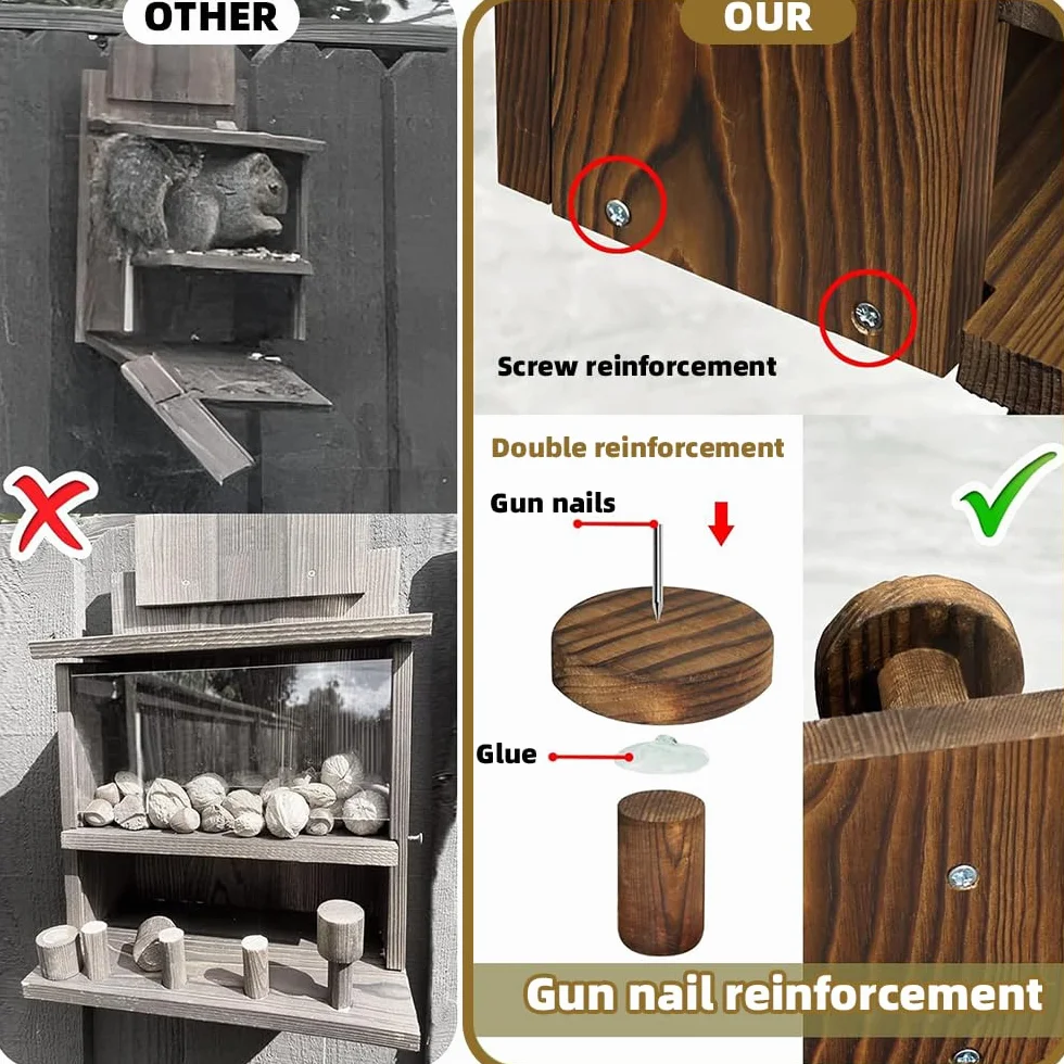 NAVESO Comedero de madera para ardillas, caja de anidación para maíz, cacahuetes, comedero de ardillas solo para ardillas, caja de casa de ardillas para jardín exterior, patio, decoración de porche