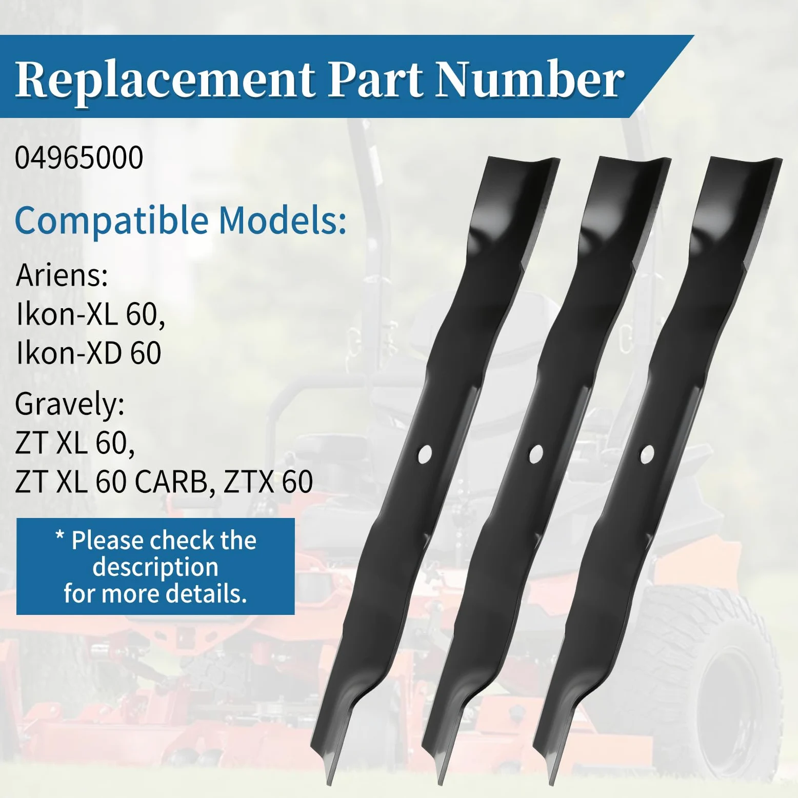 Cuchilla de cortacésped 04965000 compatible con Ariens Ikon XL XD de 60 pulgadas, hoja de alta elevación compatible con cortacésped Gravely ZT XL 60, ZT XL 60 CARB, ZTX 60, paquete de 3