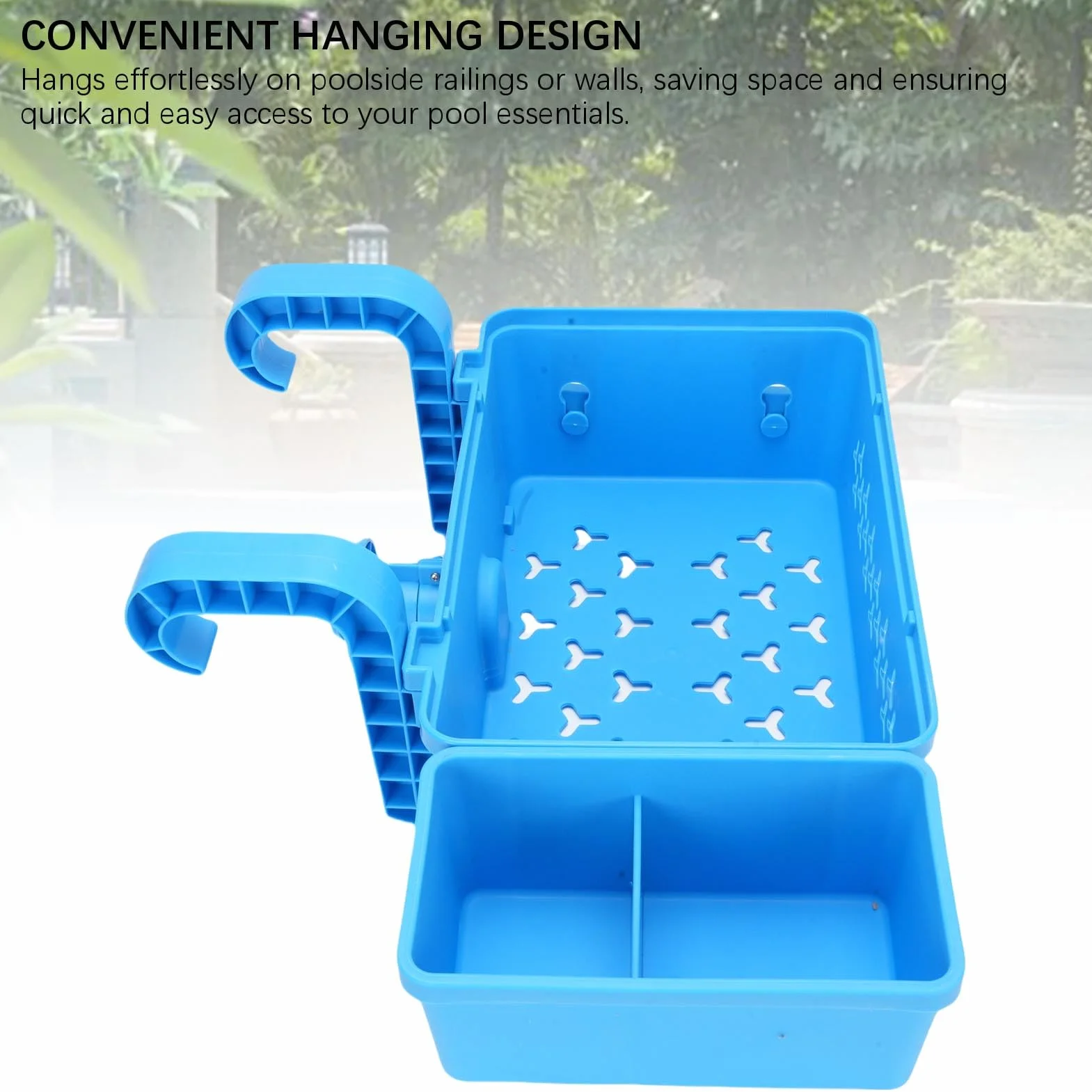 Cesta de Almacenamiento para Piscina con Portavasos, Organizador Colgante de Plástico, Accesorio de Gran Capacidad para Piscinas Elevadas y Espacios Al Aire Libre (BLUE)