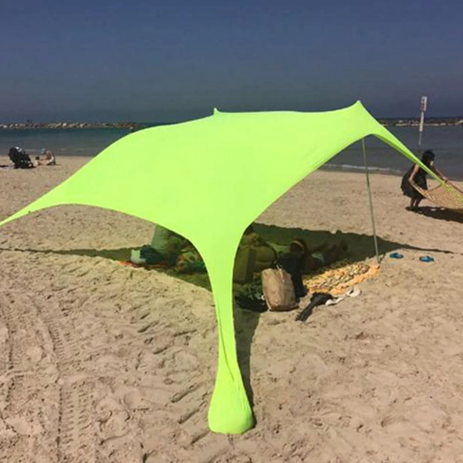 Toldo De Playa Portátil con Protección UV, Tienda Familiar 210x150x170 Cm De Transpirable, Refugio Solar Ajustable con 2 Postes, para Camping, Jardín Y Picnic