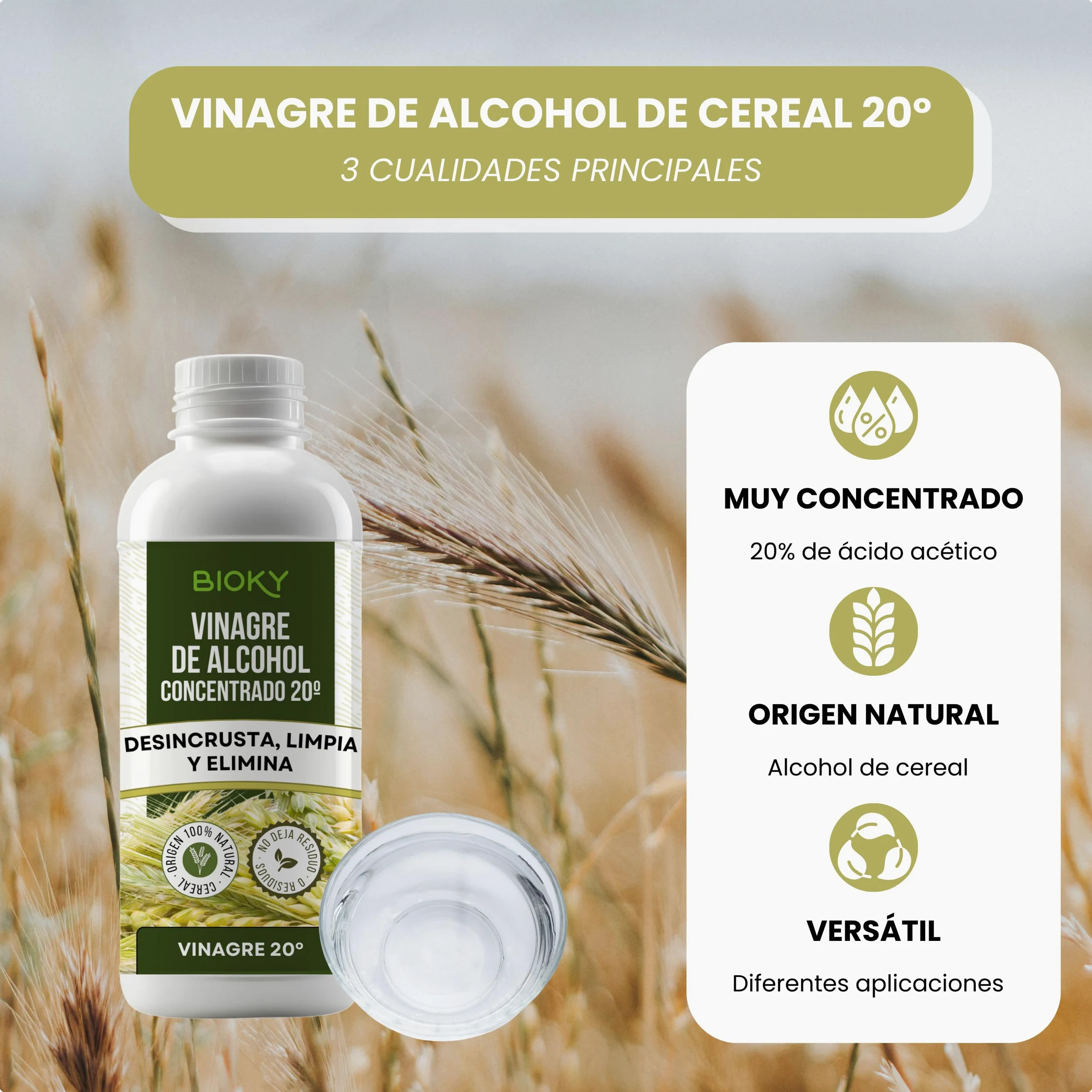 Vinagre Concentrado al 20% - 20L – Origen Natural de Alcohol de Cereal – Sin Residuo - Acción Limpiador Profundo - Elimina Moho y Hongos (20L)