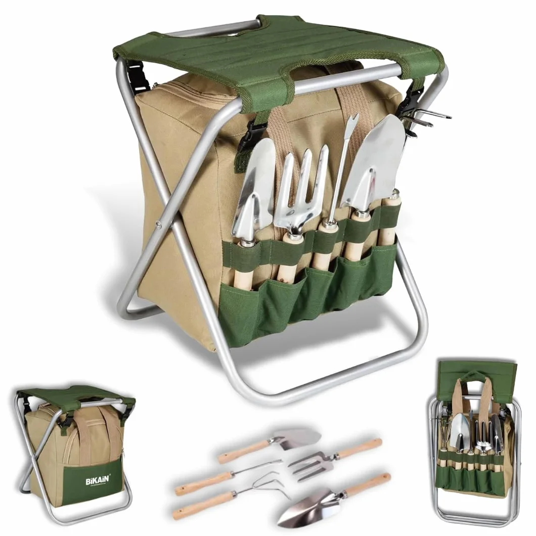 BIKAIN - Herramientas de Jardinería - Taburete Plegable + Bolsa + Herramientas - Kit de Jardinería - Bolsa de Almacemiento con Cremallera - Incluye 5 Herramientas con Mango de Madera