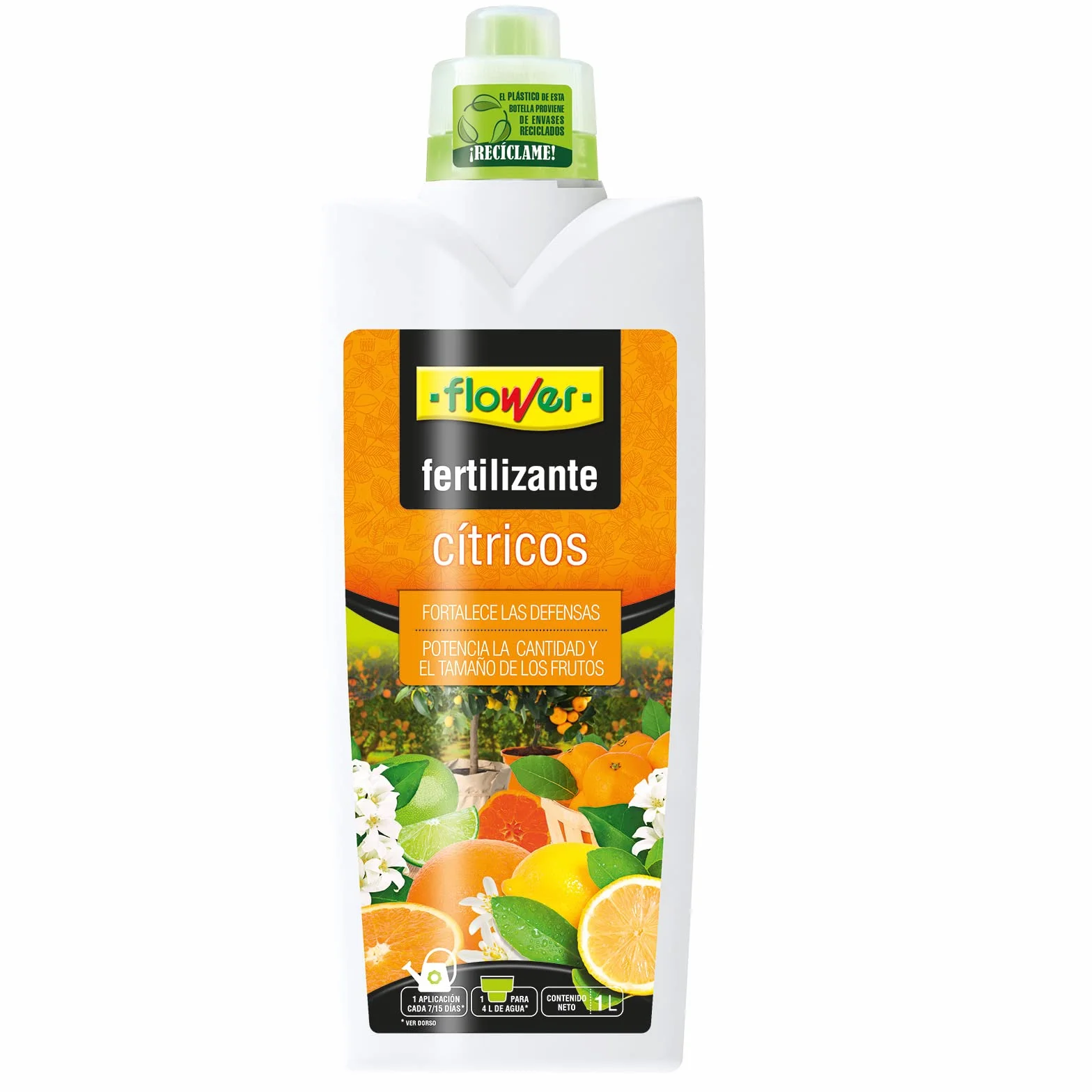 Flower - Fertilizante Líquido Cítricos 1 L | NPK 7-2-2 | Con Nitrógeno y Hierro | Abono Para Árboles Frutales | Con Tapón Dosificador | Revitaliza hojas