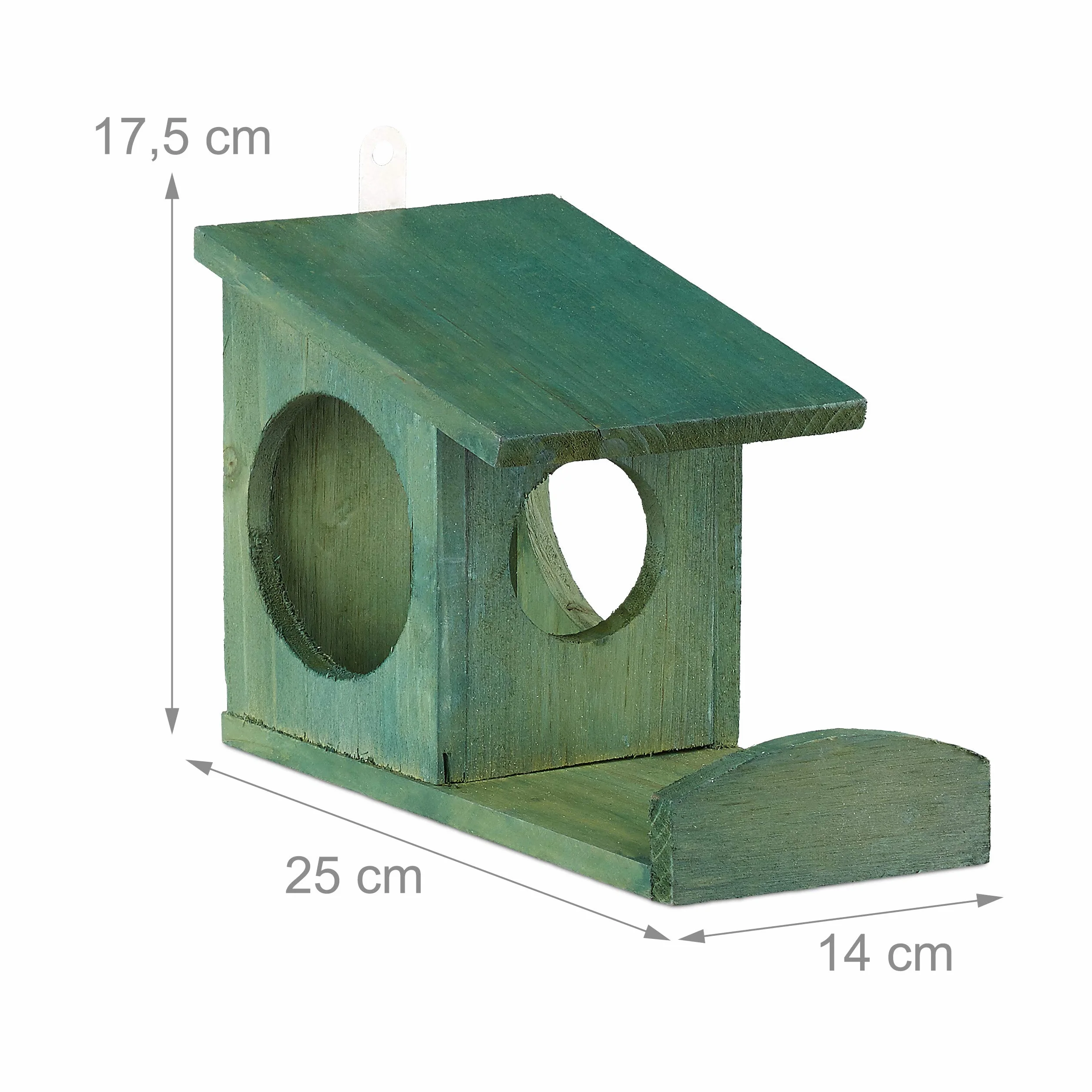 Relaxdays, 5 x 14 x 25 cm Comedero Ardillas para Colgar, Madera de Abeto, Verde Oscuro, 17
