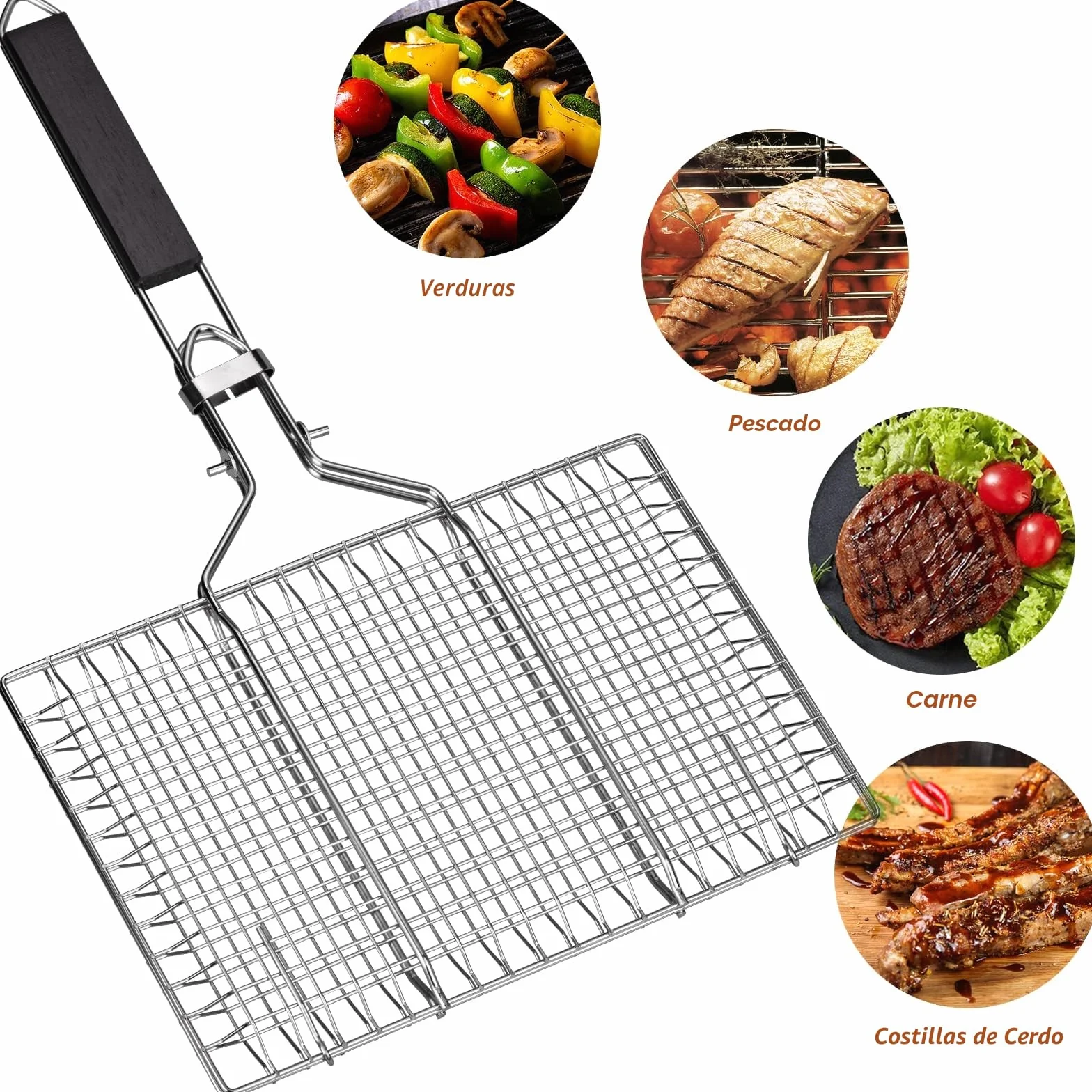 Cesta para Asar Pescado y Verduras - Bandeja de Barbacoa de Acero Inoxidable, Plegable, Portátil - Con Bolsa Oxford y 2 Cepillos de Silicona