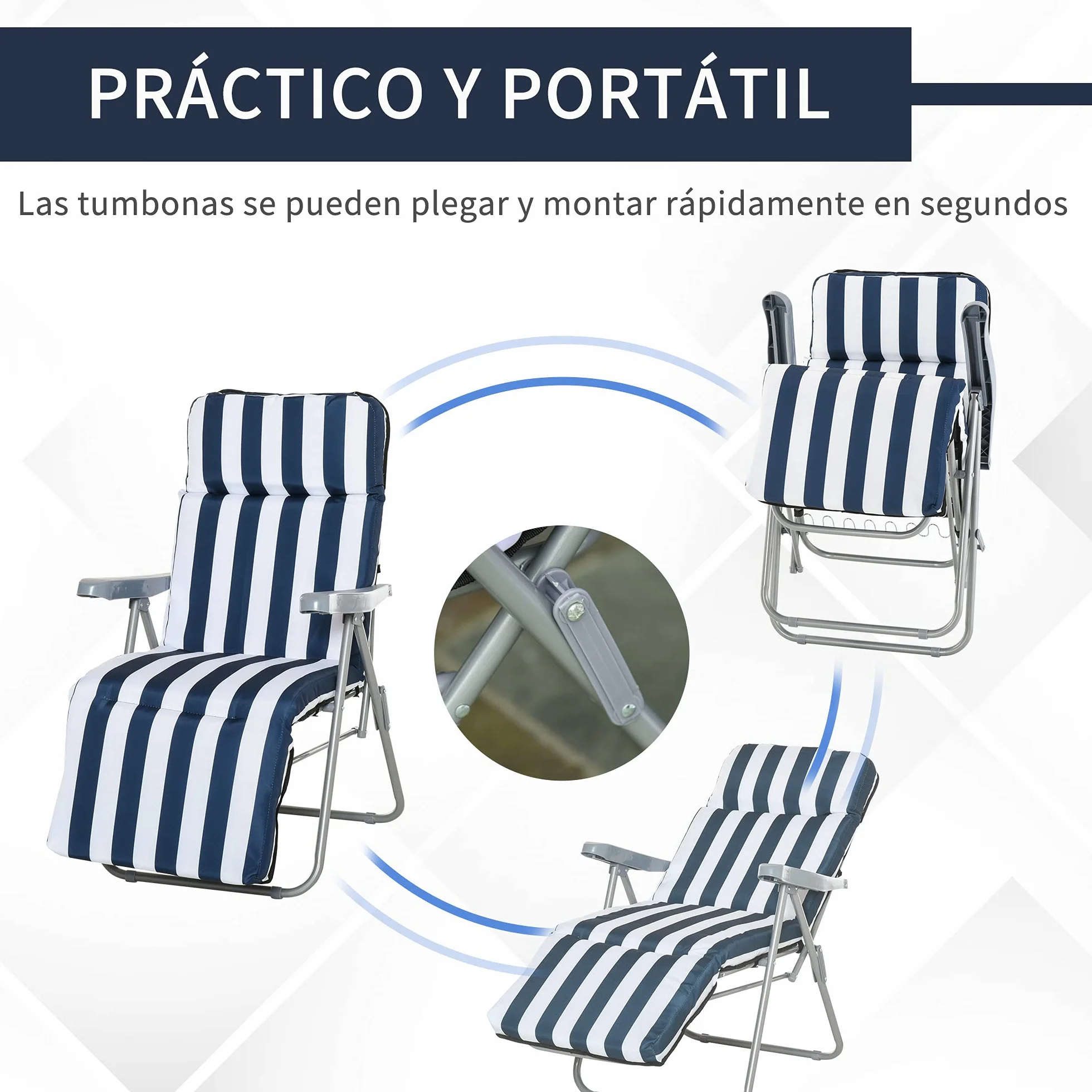 Outsunny Pack de 2 Tumbonas Plegables Tumbonas de Jardín Exterior con Cojín Acolchado, Respaldo Ajustable en 5 Posiciones, Reposapiés y Marco de Acero, 60x75x65-102 cm, Azul y Blanco