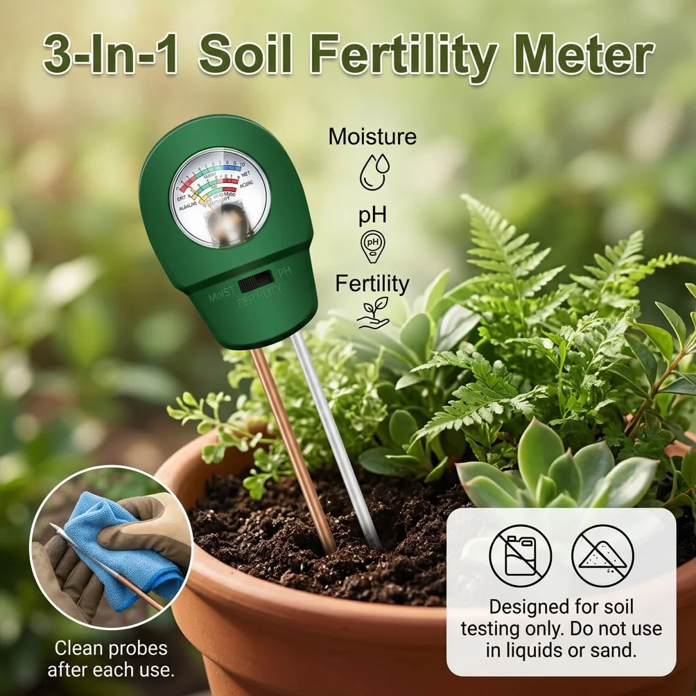 Medidor Humedad Plantas 3 en 1, Medidor pH Tierra Digital, Higrómetro Suelo Profesional para Test pH Suelo, Temperatura y Luz en Jardín, Césped y Macetas,no requiere pilas