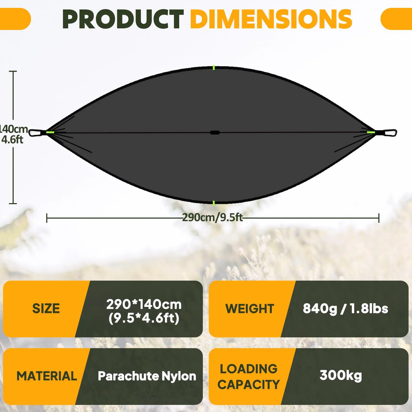 NATUREFUN Hamaca de Camping con mosquitera | 300 kg de Capacidad de Carga, (290 x 140 cm) Nylon paracaídas Transpirable y de Secado rápido | Accesorios completos | Hamaca de Viaje fácil de Montar