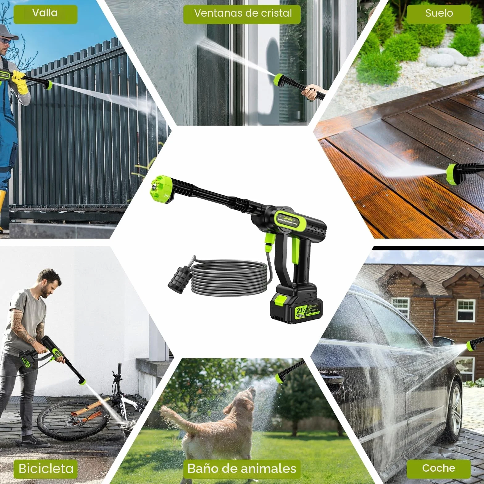 Hidrolimpiadora a Bateria de Alta Presión con Boquilla 6 en 1, 2 Baterías 4000mAh, 14 mm Salida de Agua 100 Bar, 5M Tubo y Caja de Almacenamiento para Limpiar Coche, Terraza, Jardín Limpieza y Riego