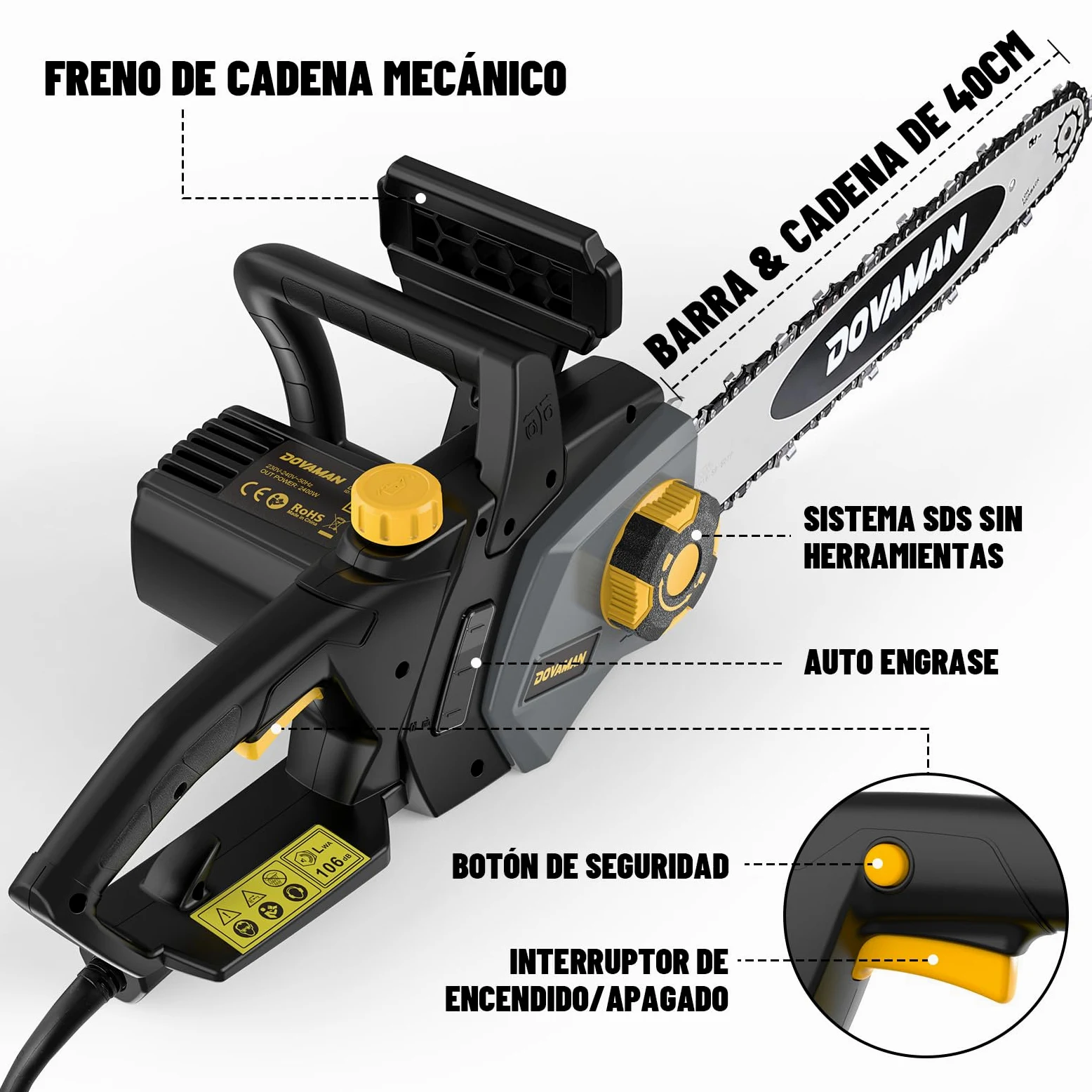 DOVAMAN Motosierra Eléctrica de 2400W, Tensión sin Herramientas en un Paso, 40cm Barra y Cadena Oregon, 15m/s Velocidad de Cadena, Lubricación Automática, Freno Mecánico y 2 Cadenas - DCS01A