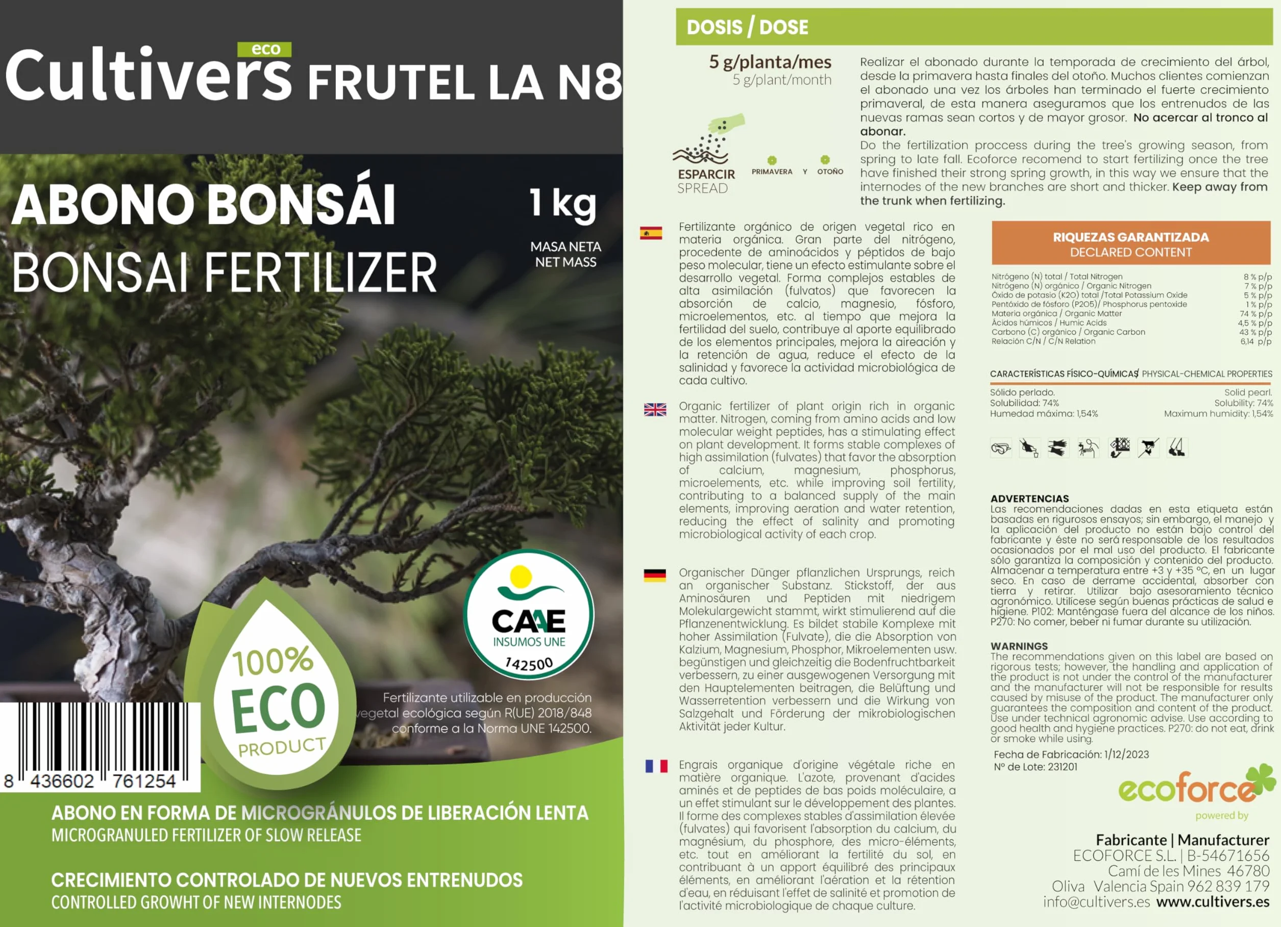 CULTIVERS Abono Bonsái Ecológico 2x5 kg Fertilizante granulado de Origen Vegetal 100% Orgánico y Natural de Liberación Lenta y Controlada con NPK 8-1-5+74% M.O y Ácidos Húmicos Crecimiento Controlado