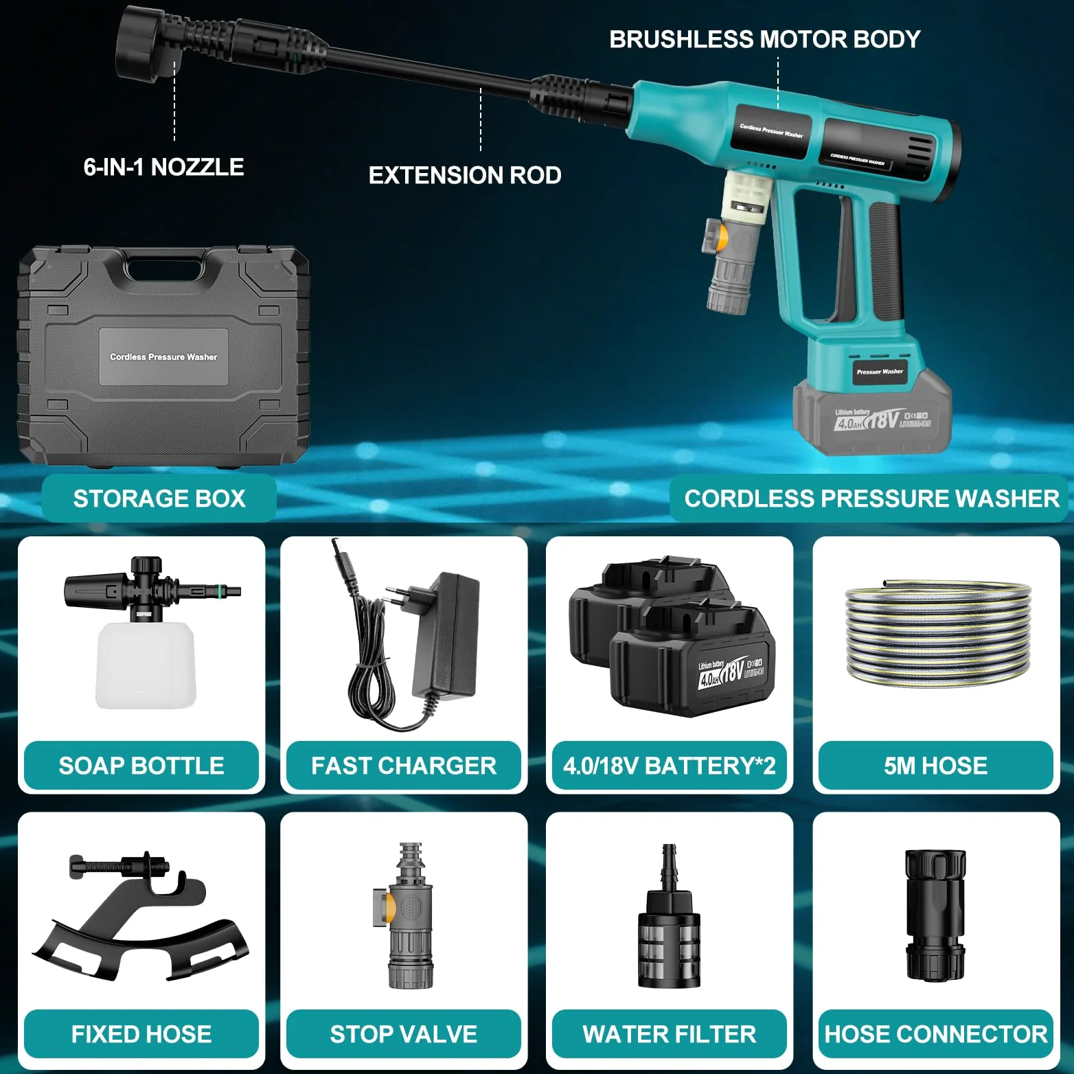 Limpiador de alta presión con batería de 700 psi, compatible con baterías Makita de 18 V, limpiador de alta presión portátil con 2 baterías de 4,0 Ah, boquilla 6 en 1, pulverizador de espuma, manguera