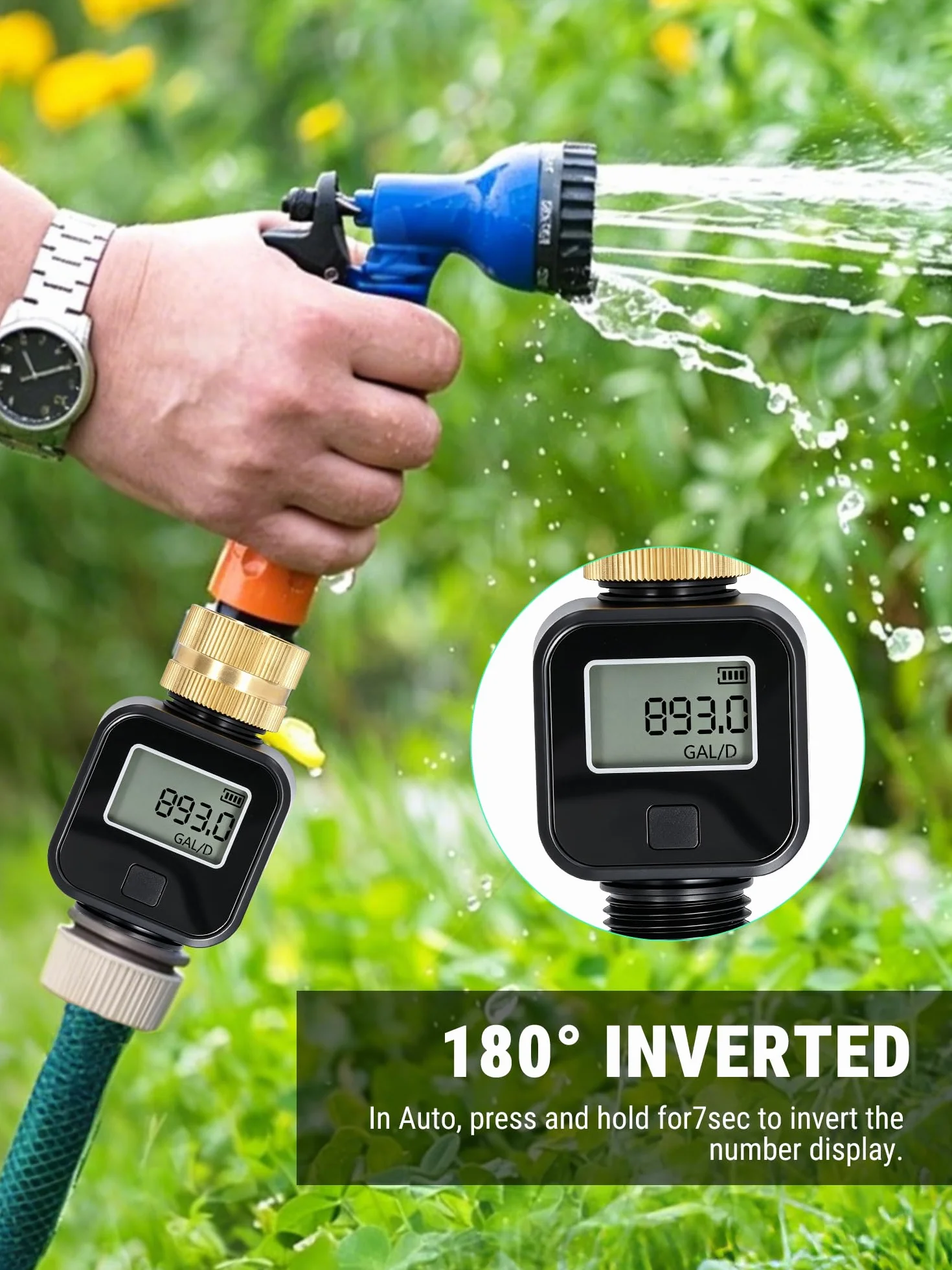 VOBOR Medidor de Flujo de Agua Digital con 4 Modos de Control de Consumo, Pantalla Giratoria 180° y Rosca de Latón, para Mangueras de Jardín, Caravanas, Aspersores y Boquillas de Riego
