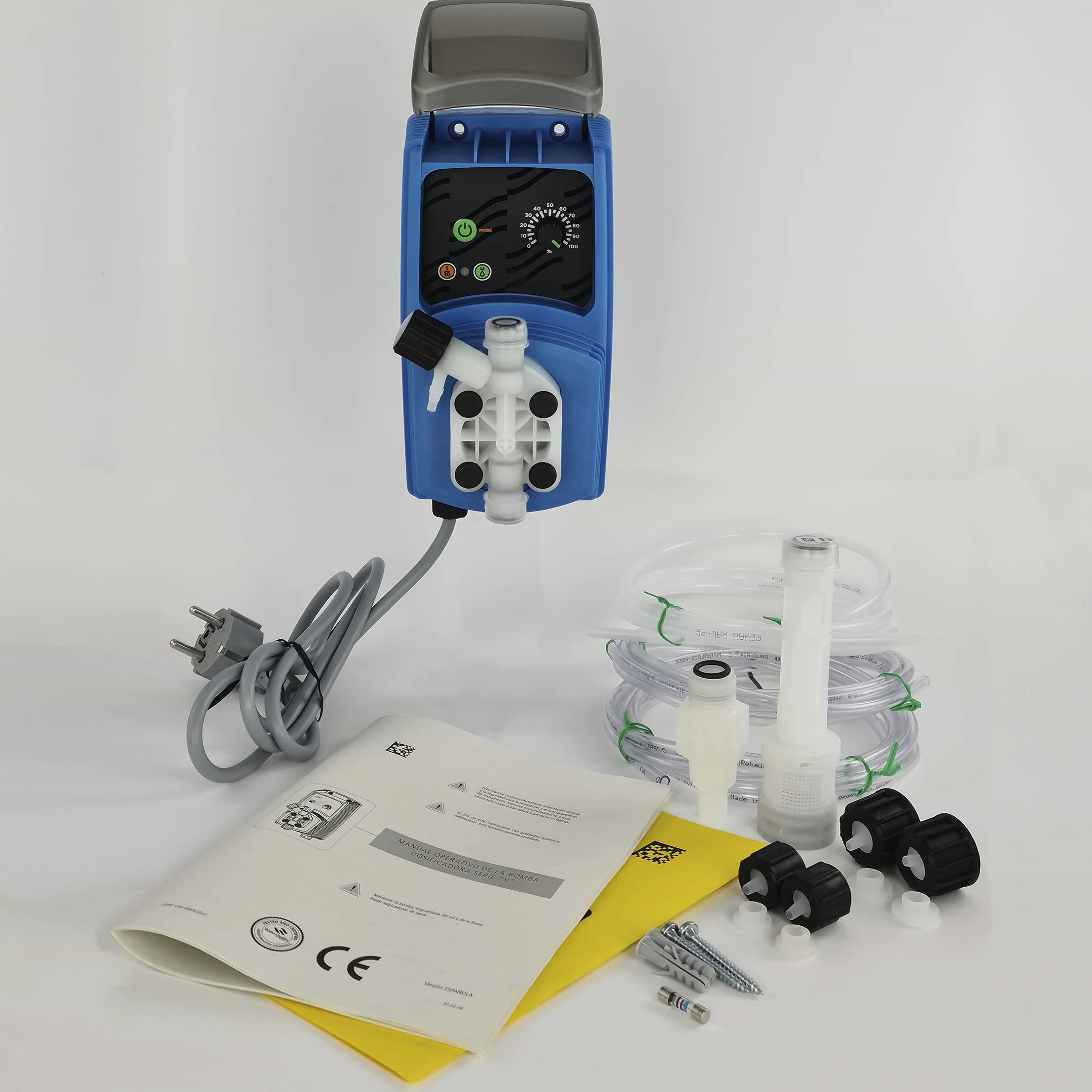 Bomba dosificadora de impulsos electromagnética de membrana con caudal constante. Hasta 6 L/H. 7 Bares de presión. Para su uso en piscinas, saunas, autolavados. Azul