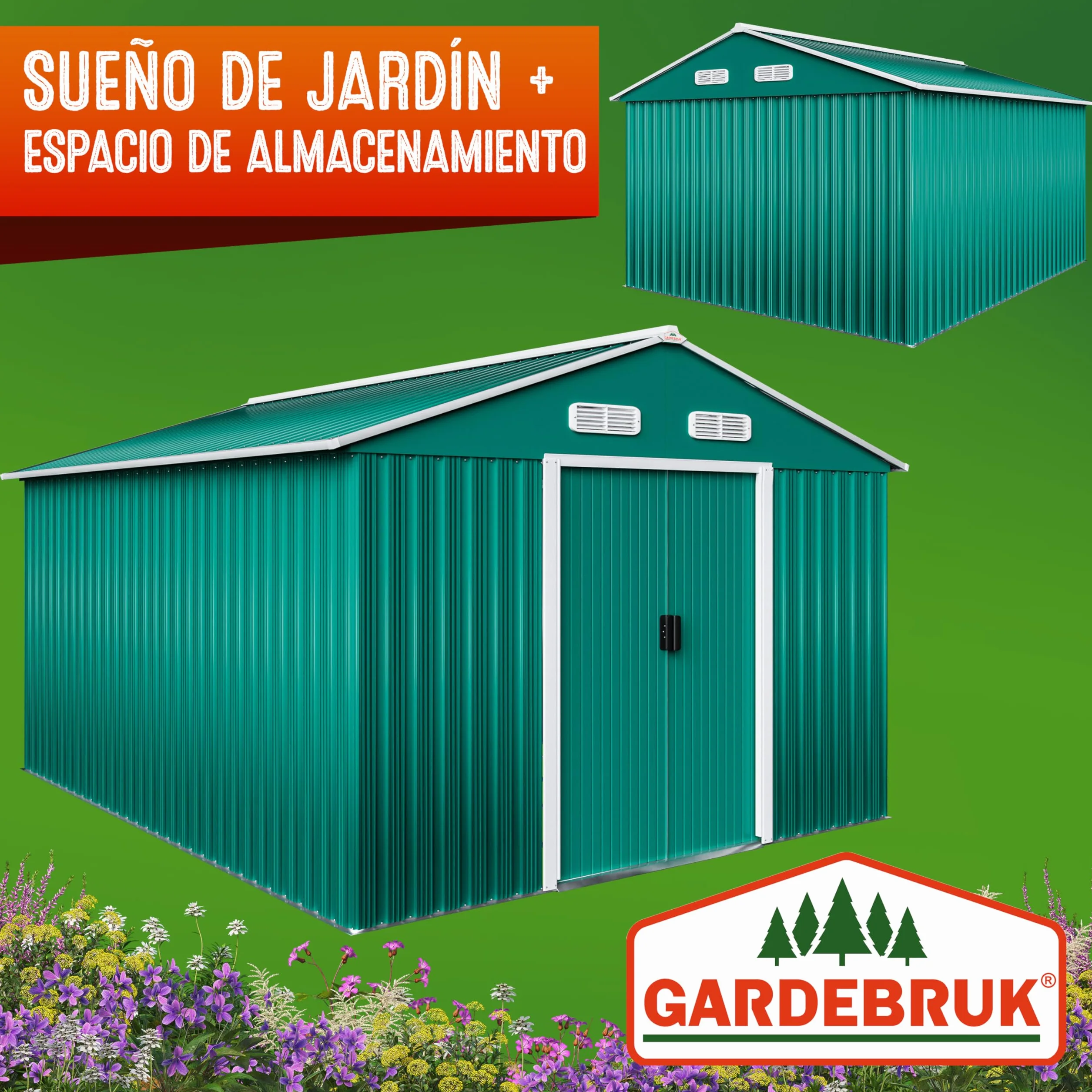GARDEBRUK® Cobertizo de Jardín 8 m² 312x257x178 cm Caseta Metálica Exterior 15m³ con Base Puerta Corrediza Verde