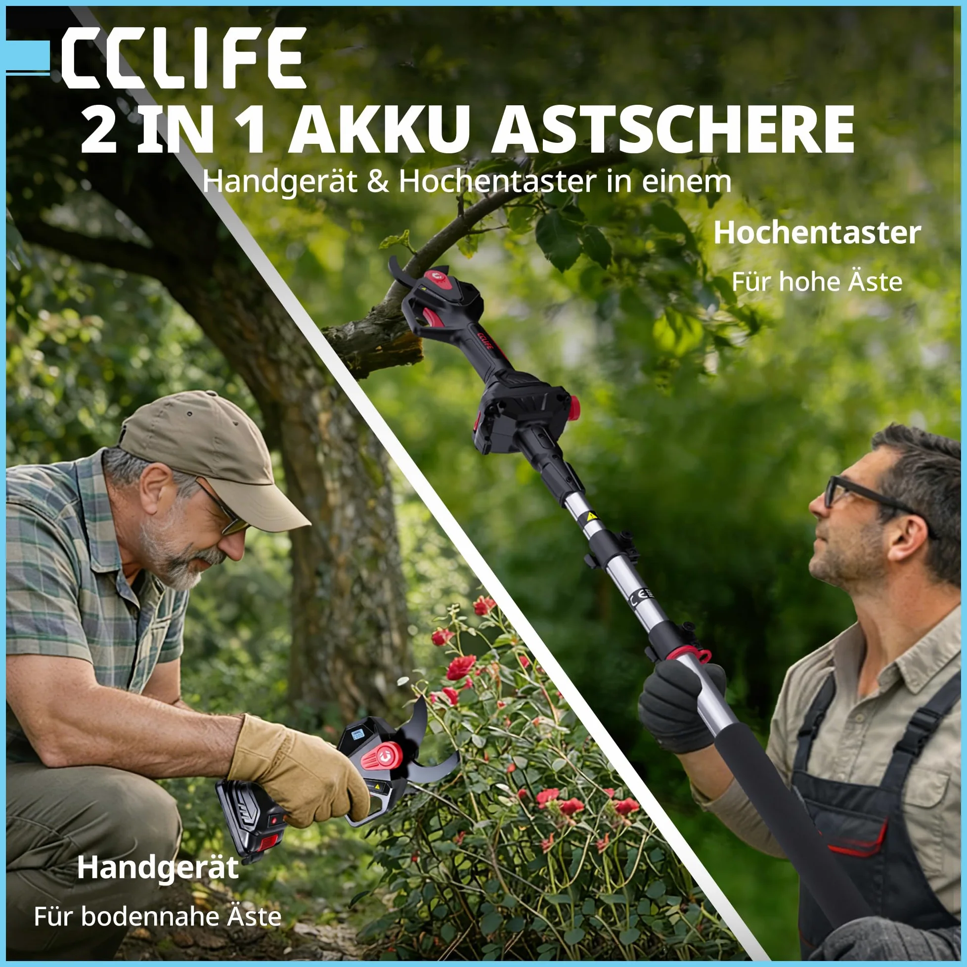 CCLIFE Juego de tijeras de podar con batería 2 en 1 con barra telescópica de 2 m, hasta 40 mm de diámetro de corte, compatible con Makita 18 V/20 V (sin batería)