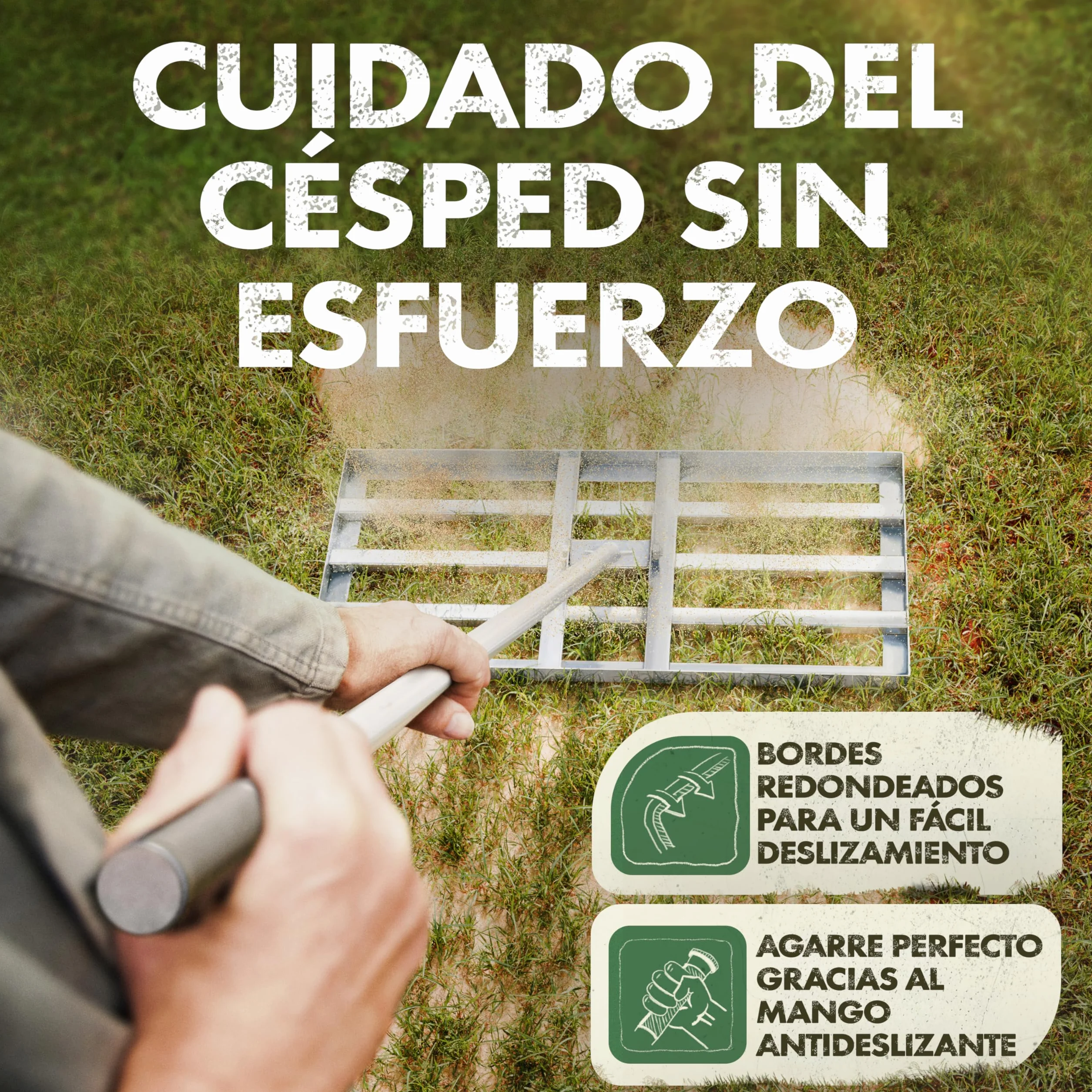 GARLINGO Rastrillo de césped | 75 x 35 cm | Incl. Mango METÁLICO de 1,7m | Rastrillo de césped para lijar el césped, nivelar la Arena del césped, aireador Nivelador de césped con rastrillo