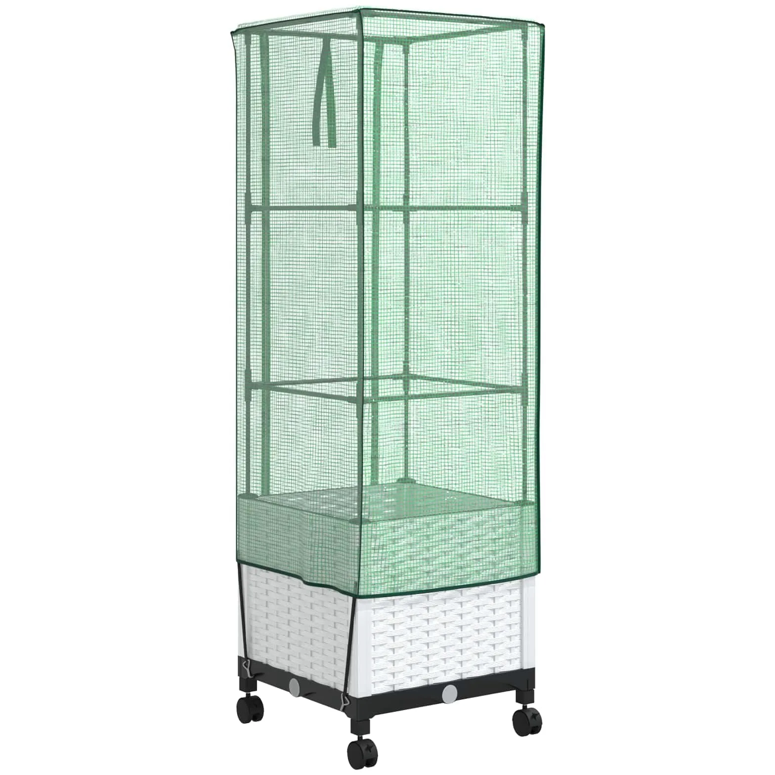 Macetero móvil con cubierta de invernadero, color blanco, PP, 40 x 40 x 145 cm | Cama elevada con aspecto de ratán para patio y jardín, incluye cubierta y prácticas para el suelo.
