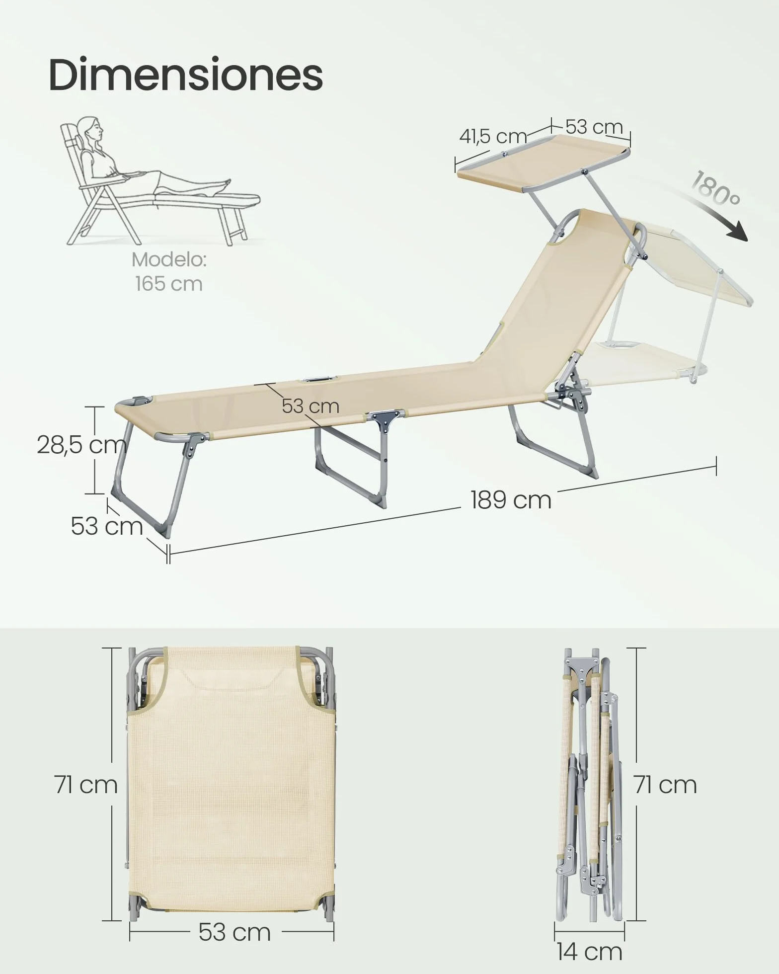 SONGMICS Tumbonas Plegables, 189 x 53 x 28,5 cm, Juego de 2 Tumbonas para Jardín, Cada Una con Carga 110 kg, con Parasol y Respaldo Ajustables, para Terraza y Balcón, Beige GCB294WZ02