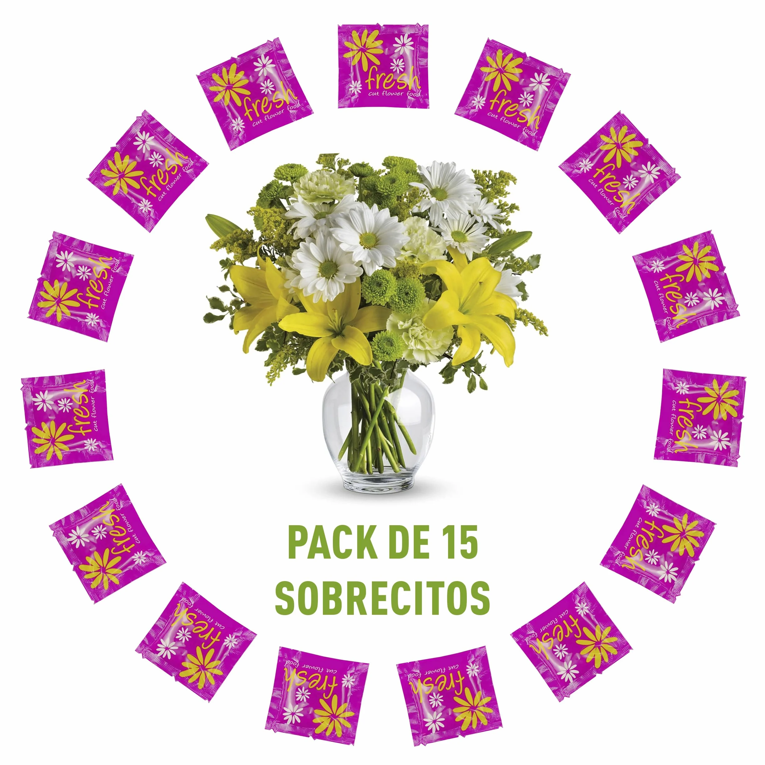 Pack de 15 Sobrecitos de Conservante Para Flor Cortada, Comida Para Flores Frescas Cortadas, 15 Paquetes de Conservante Total, 7.5L de Conservante Líquido