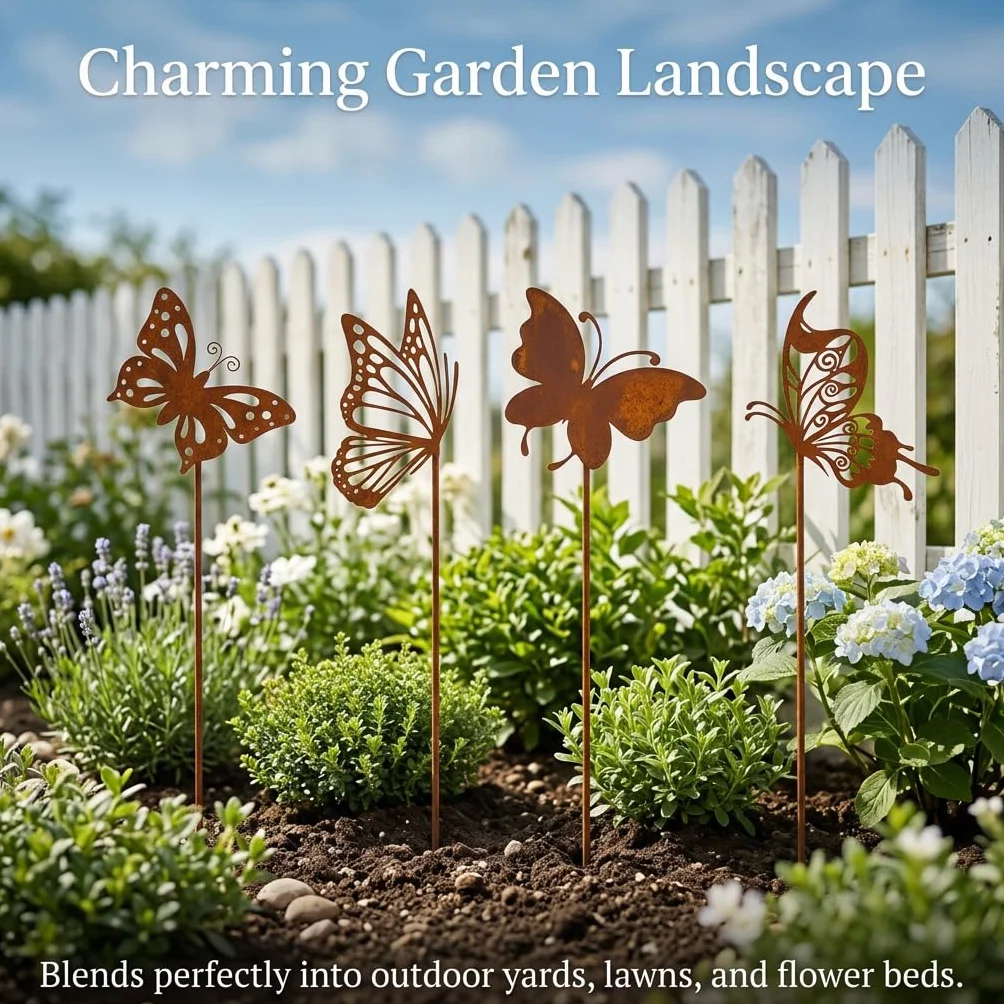 Juego de 4 estacas de jardín de mariposas, decoración de jardín para uso al aire libre, resistente a la intemperie, decoración de estaca de flores, primavera, verano, decoración de balcón