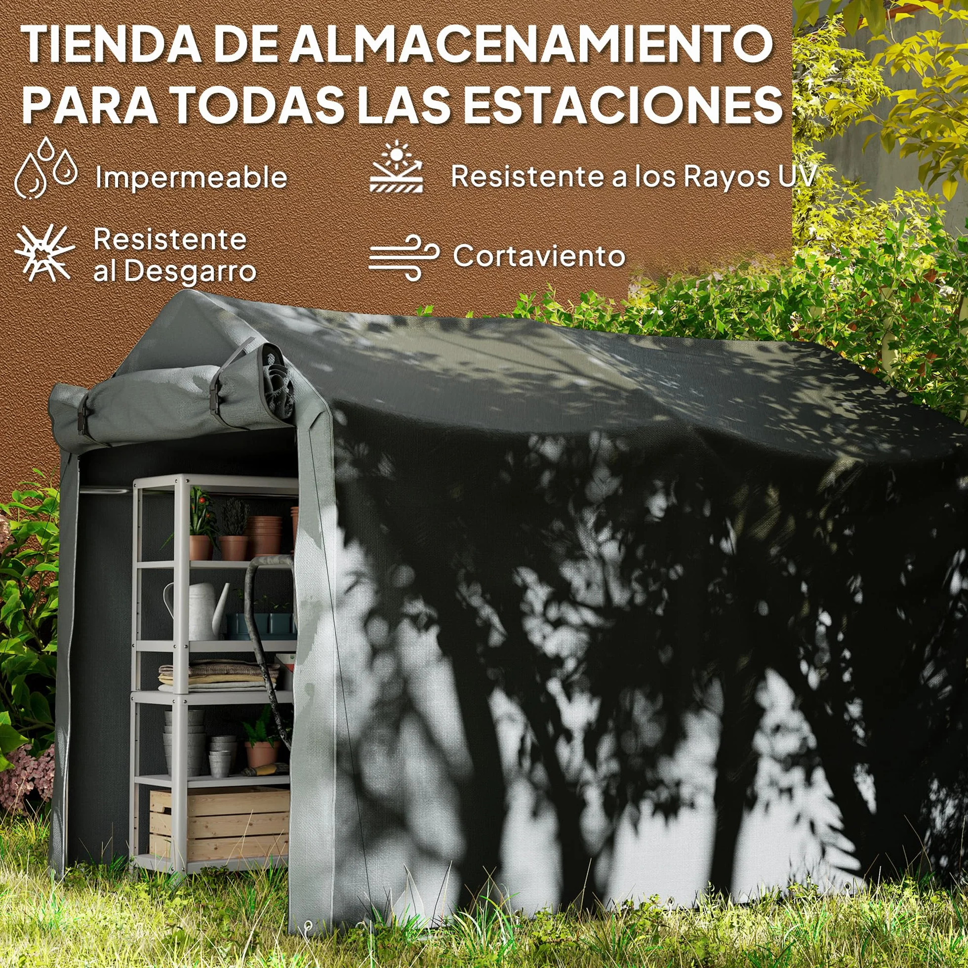 Outsunny Carpa de Jardín Exterior para Herramientas Bicicletas 2,2x1,57x1,65 m, Cobertizo Exterior con Puerta Desmontable con Cremallera, Impermeable, Anti-UV, Garaje Portátil, Gris Oscuro