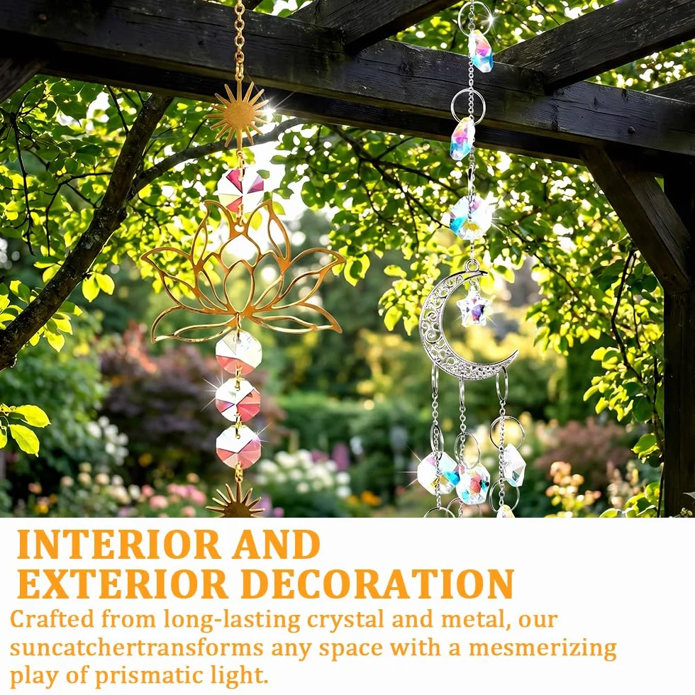 Campanilla de Viento de Cristal con Flor de Loto, 2 PCS Flor de Loto y Luna con Prisma de Cristal, Adorno de Ventana de Prisma de Vidrio Colores para Ventana, Dormitorio, Jardín, Oficina