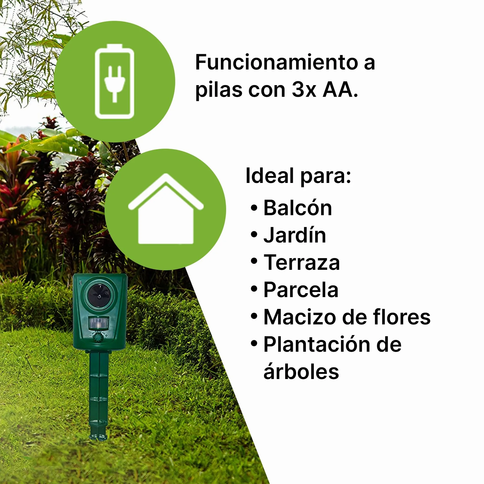 ISOTRONIC Repelente ultrasónico para Animales Salvajes, Aves, Perros, Gatos y martas. Dispositivo Repelente a Pilas con estaca para jardín. Alcance Efectivo de 60 m² (3 Unidades).