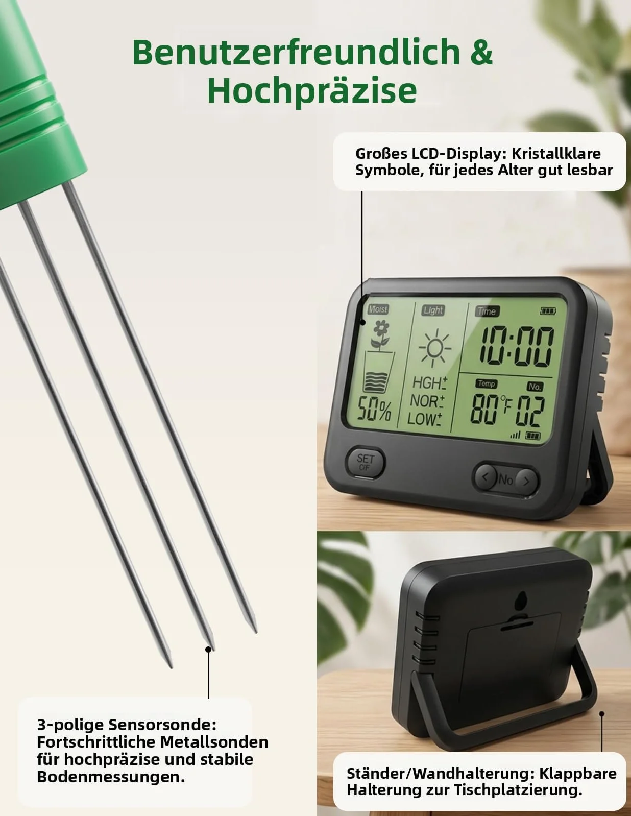 Medidor de Humedad inalámbrico para Suelo con Receptor LCD, Sensor 3 en 1 de 3 sondas (Humedad, Temperatura, luz), Alcance de RF de 230 pies, Impermeable, Larga duración (Suelo 2 sensores)