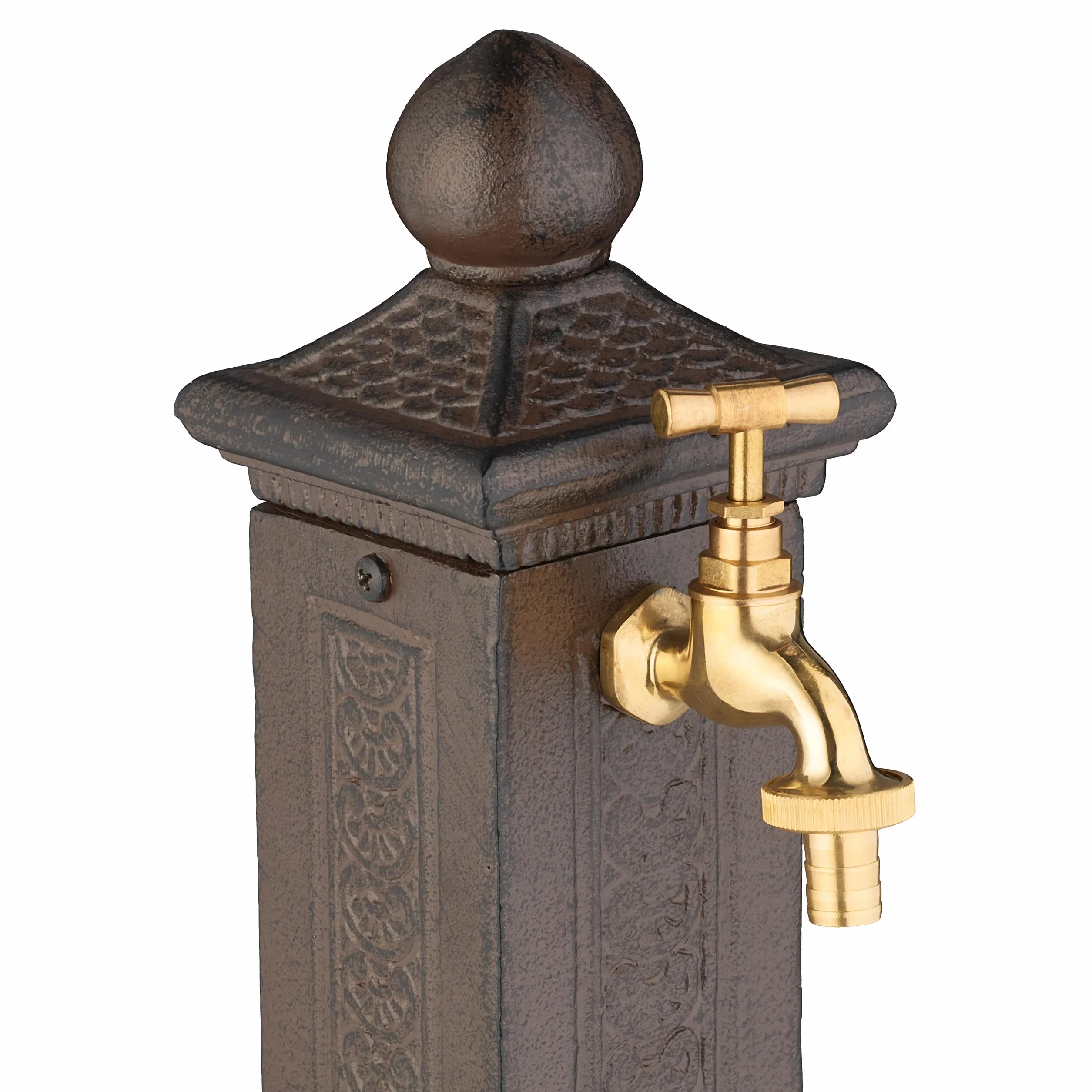 Relaxdays Fuente de Pie Antigua, con Grifo, 47 x 14 x 18,5 cm, Bebedero de Jardín, Terraza, Aluminio Fundido, Marrón, Acero