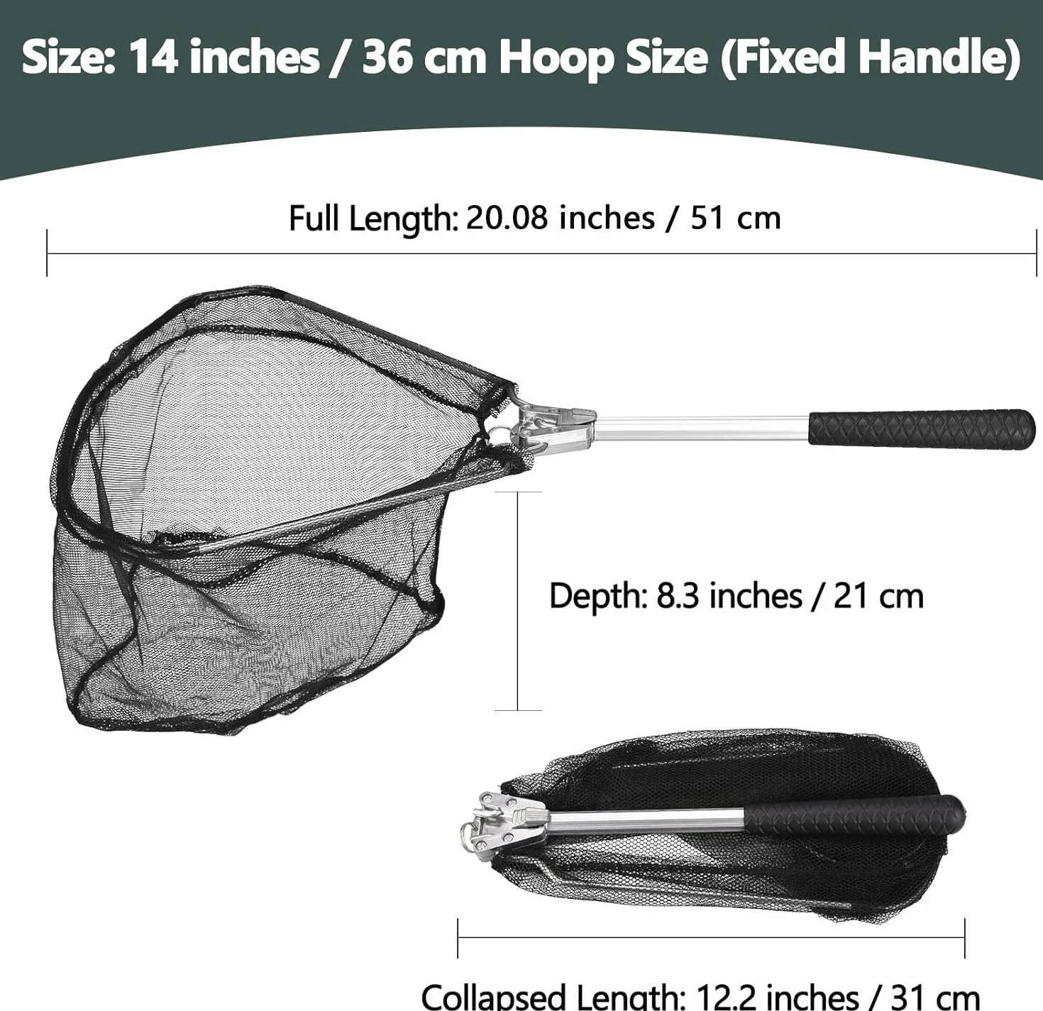 Red de Pesca Plegable Negra 51cm Sacadera para Adultos y Niños