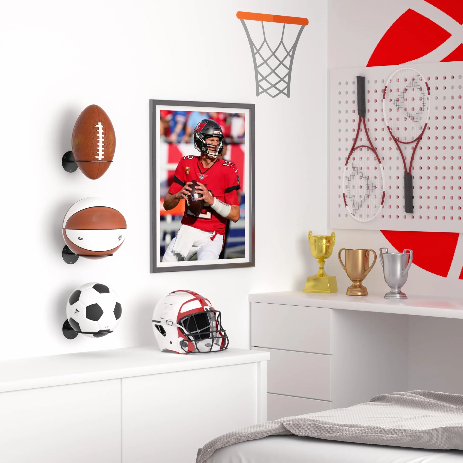 Soporte de pared para exhibición de baloncesto, fútbol, rugby - estante de almacenamiento negro