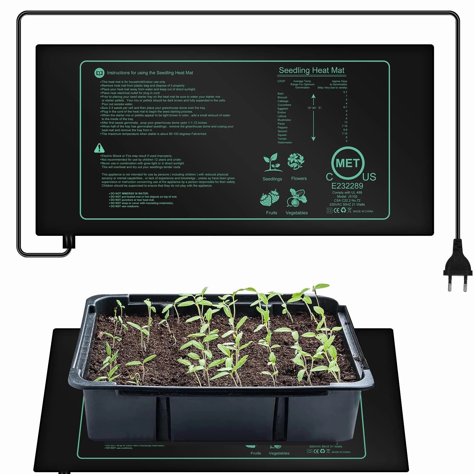Vegena Alfombrilla Térmica para Plántulas, Estera Térmica De Plántulas con Termostato, Propagadores Calentados para Plantas para Germinación Y Regulación De Temperatura 25cm*52.5cm