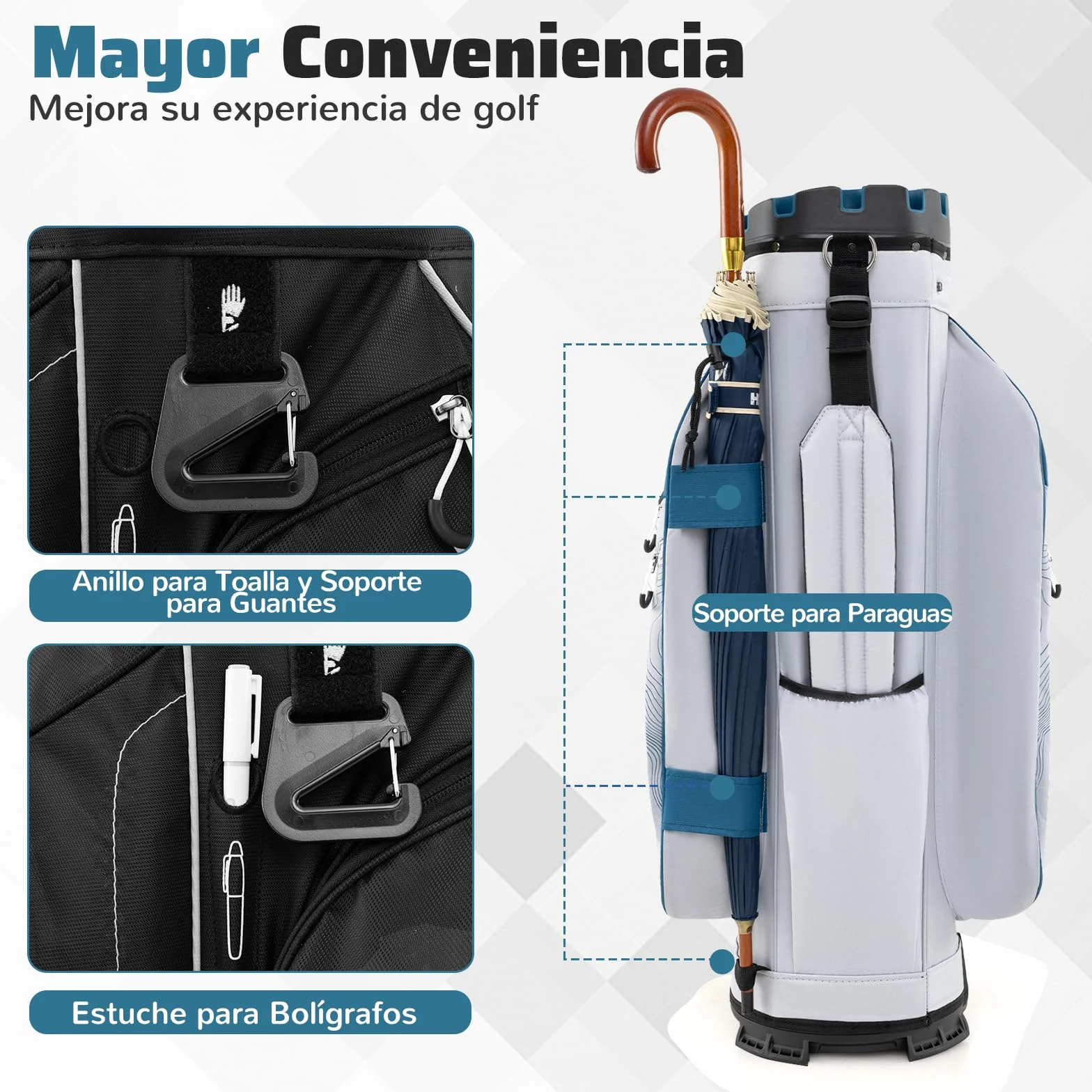 COSTWAY Bolsa Golf 14 Divisores 9 Bolsillas Cremallera Nevera Bolsillo Correa Acolchada Soporte Paraguas Capucha Lluvia Carro Palos
