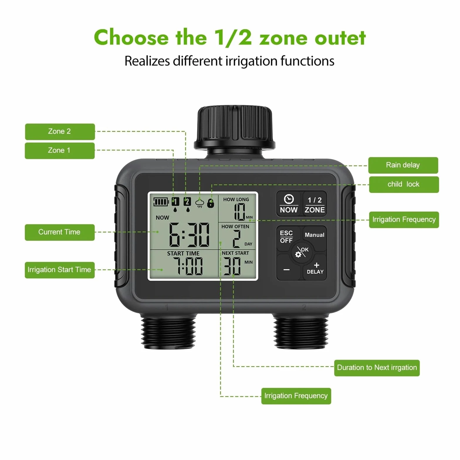 Temporizador de aspersor de 2 zonas programable IPX5 riego de jardín | Temporizador programable for sistemas de riego por goteo y césped.(G thread)