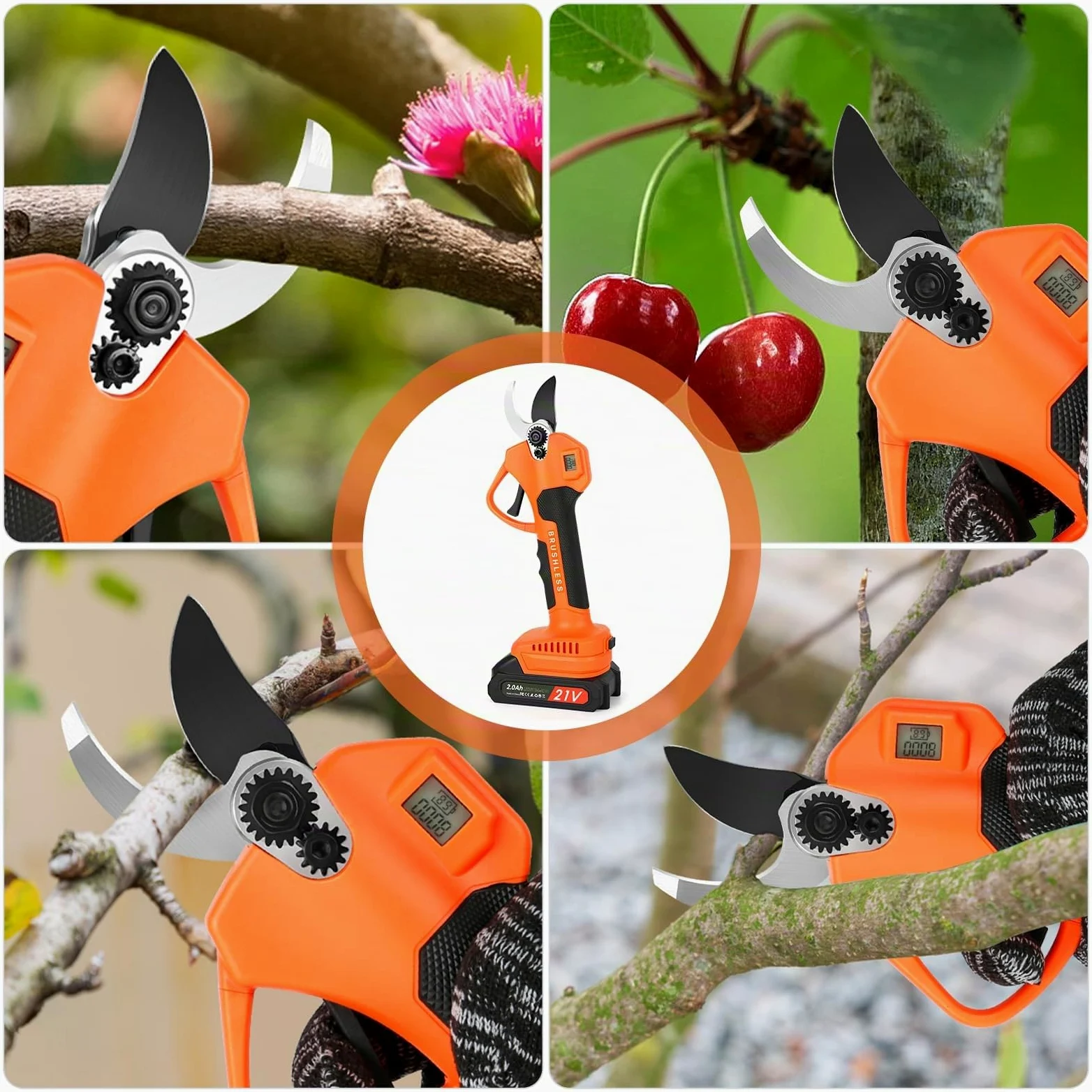 Tijeras de Podar Eléctricas, Profesional Tijeras de Podar con Motor Brushless, LCD Pantalla, 2000 mAh Bateria, SK5 Suchillas, Tijeras de Jardín Eléctricas para Jardinería, Árboles Frutales, Viñedos