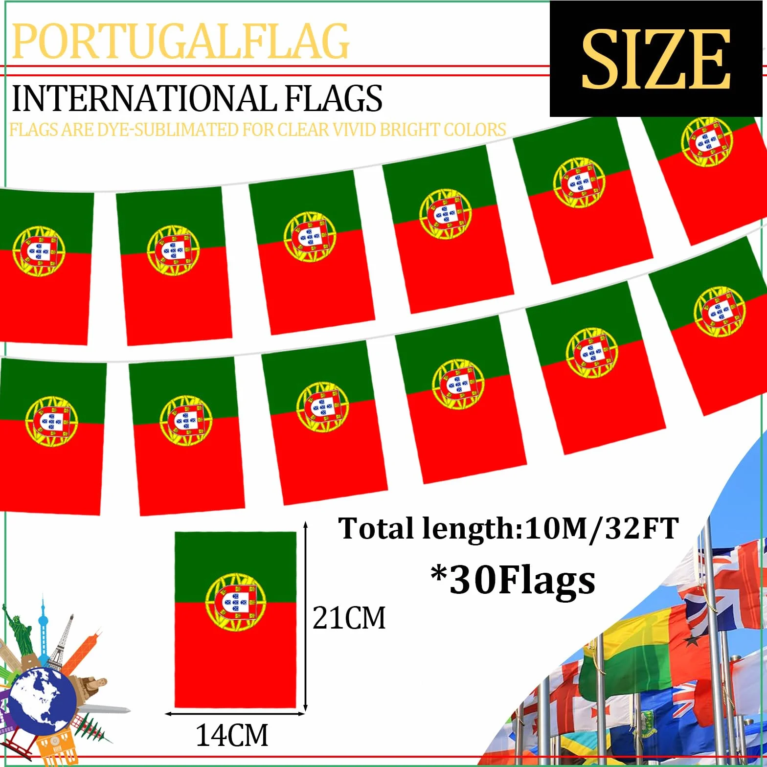 10m Guirnalda Bandera de Portugal,30 Doble Cara Pequeña Personalizada Banderas,para Decoración Patio,Balcón,Jardin,Barra,para Juegos de Fútbol,Eventos Deportivos,Día Nacional,Fiesta de Portugal