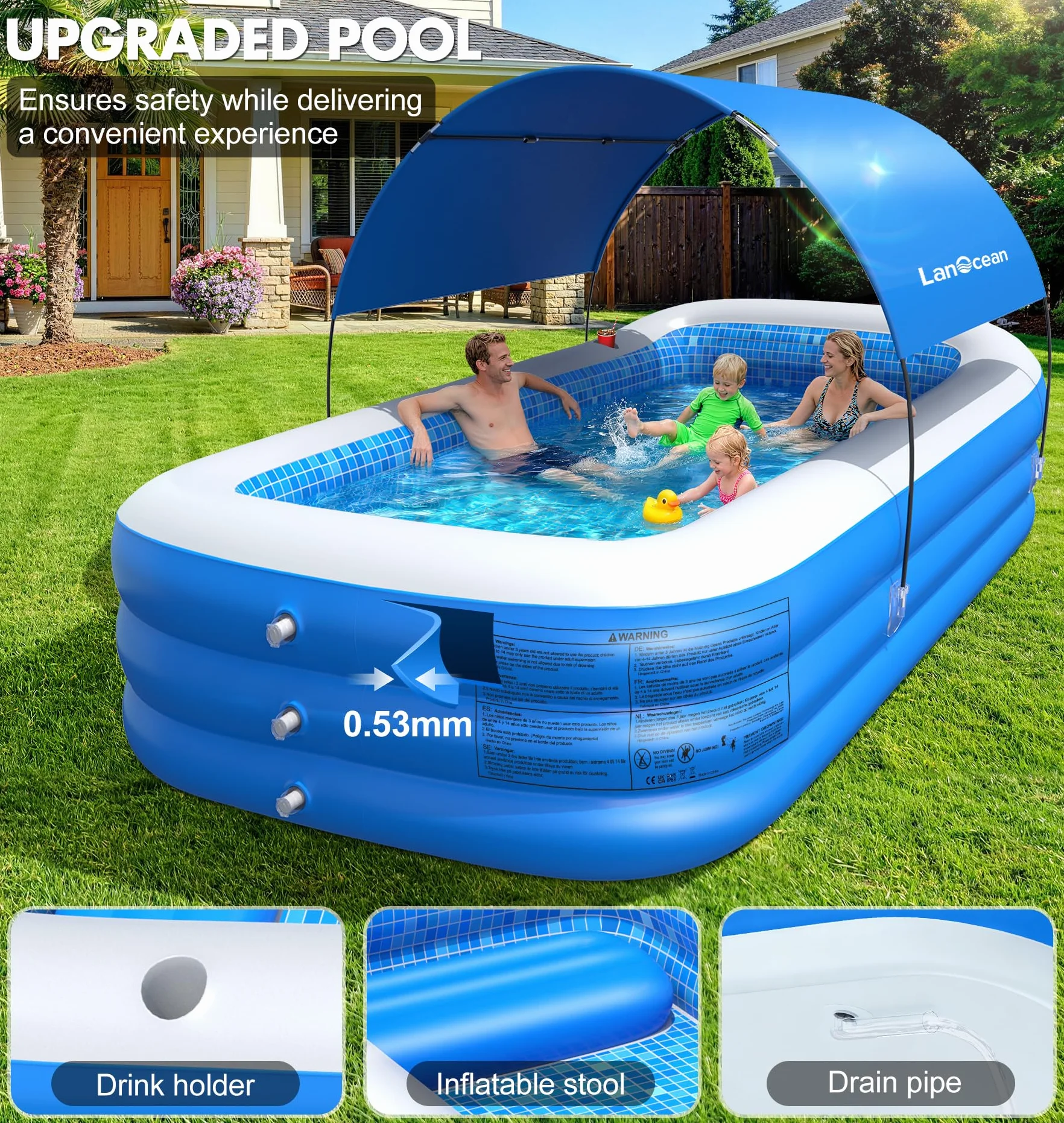 LanOcean Piscina Hinchable Adultos con Sombrilla, 280*160*50cm Piscinas Hinchables Grandes, 0,53mm Rectangular Piscina Hinchable infantil con Asiento y Portavasos, Piscinas Hinchables Familiar Jardin