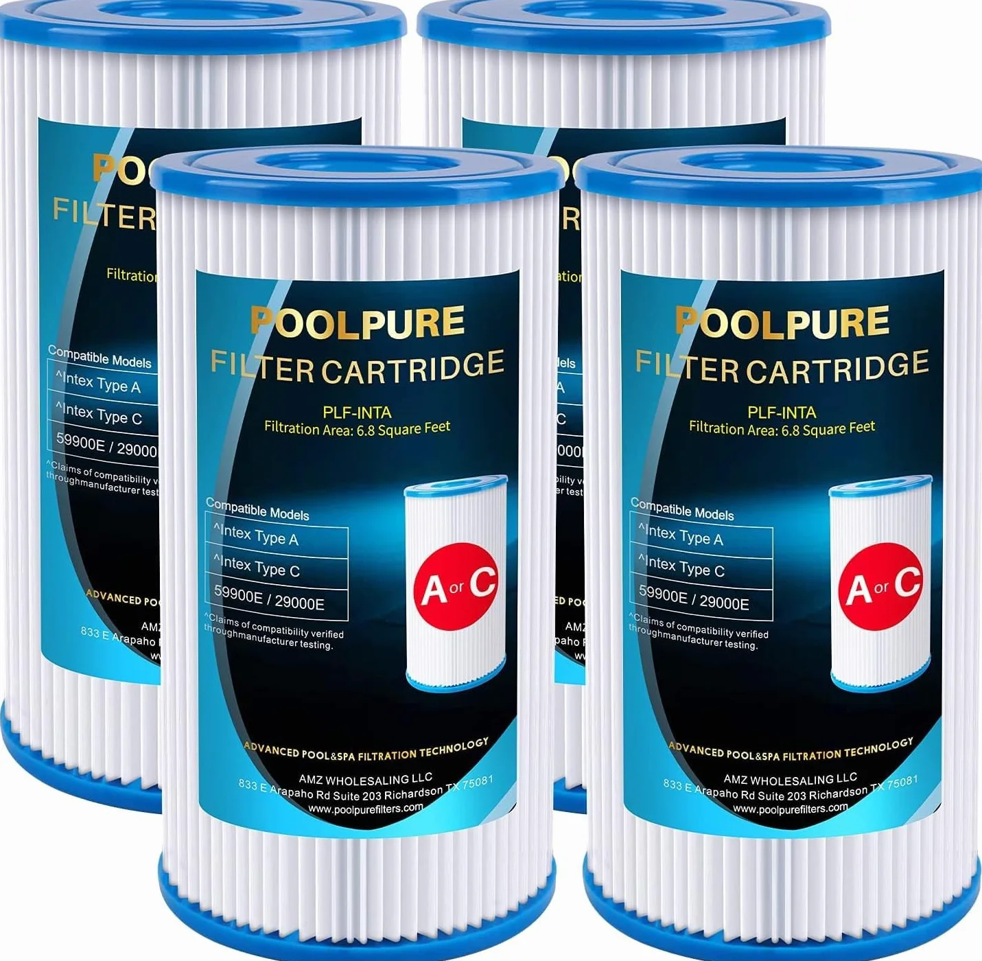 POOLPURE - Filtro de Repuesto para Tipo A o C, Compatible con Bombas Intex 29000E/59900E, filtros de fácil Ajuste para Piscinas de jardín, con Olas o sobre el Suelo, Paquete de 4 Unidades