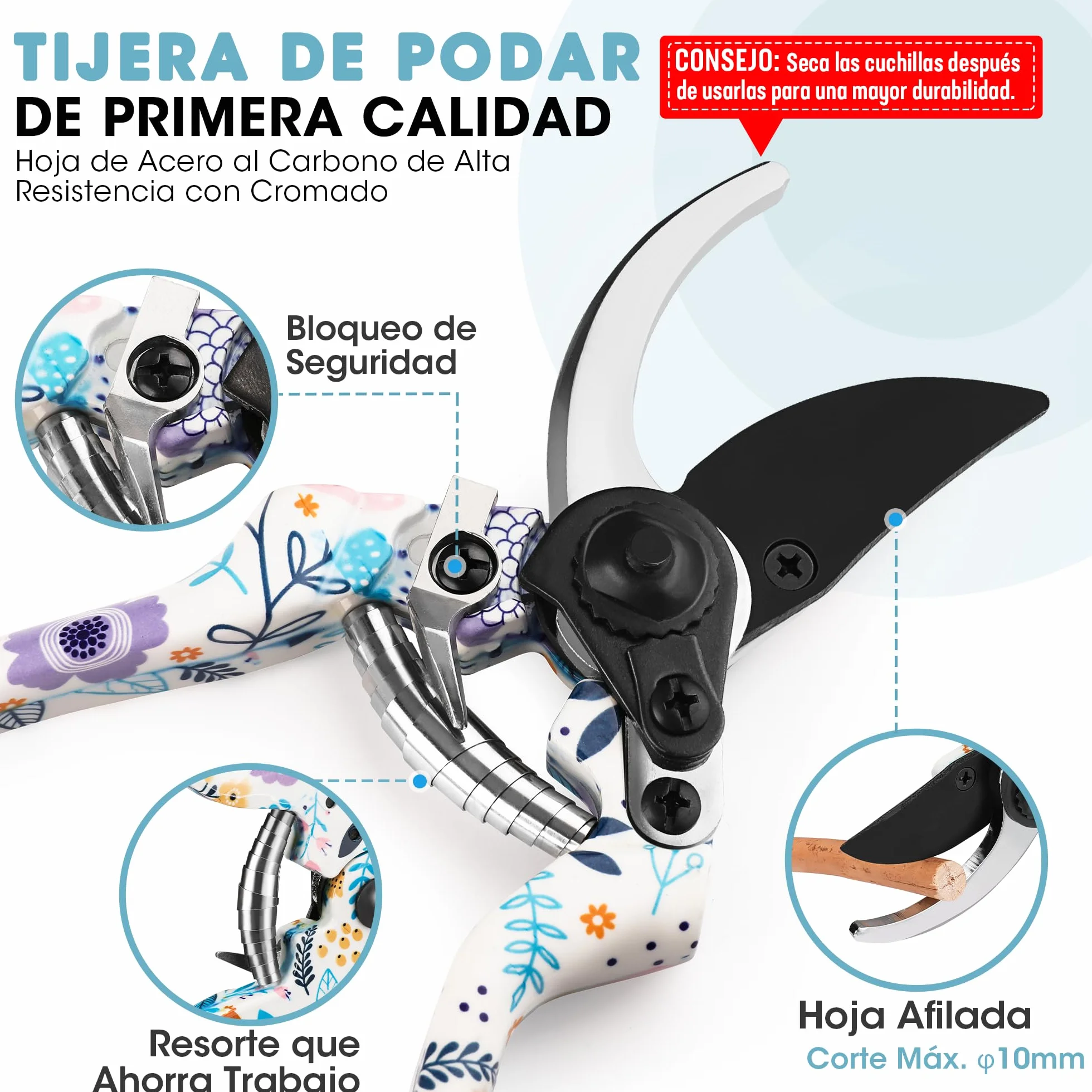 WORKPRO Herramientas Jardineria 4PC, Juego de Herramientas para Jardín con Rastrillo, Pala de Mano, Tijeras de Podar, Guantes, Estampado Floral